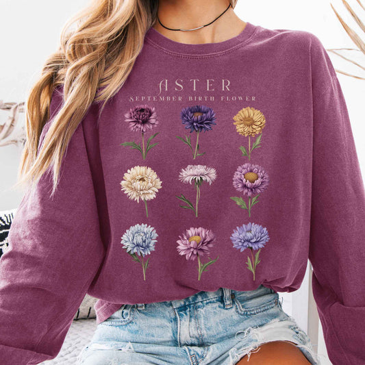 Long-sleeve Berry / S Aster September Birth Month Flower Long Sleeve Shirt The Mystic Eden