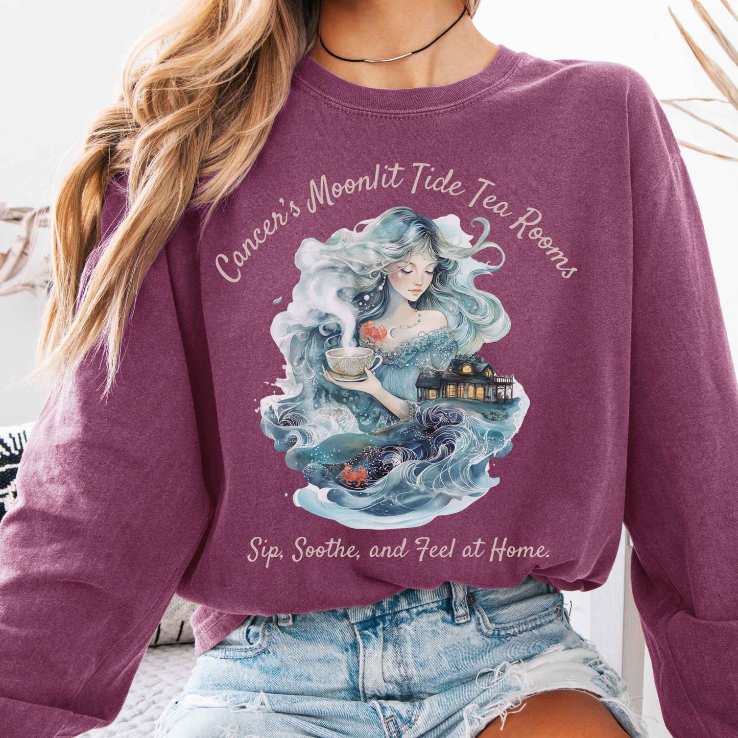 Long-sleeve Berry / S Cancer's Moonlit Tide Tea Rooms Zodiac Long Sleeve Tee The Mystic Eden