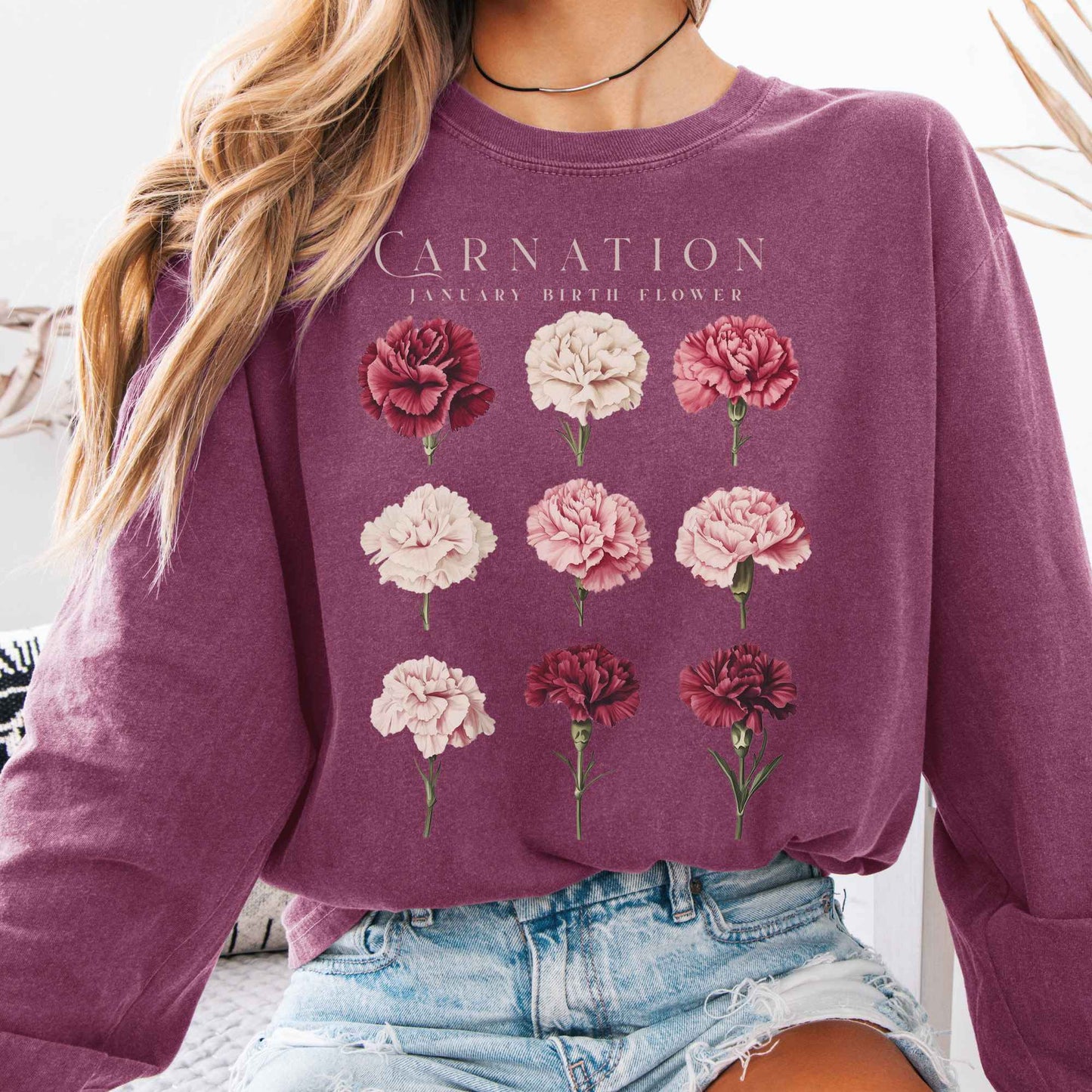 Long-sleeve Berry / S Carnation January Birth Month Flower Long Sleeve Shirt The Mystic Eden