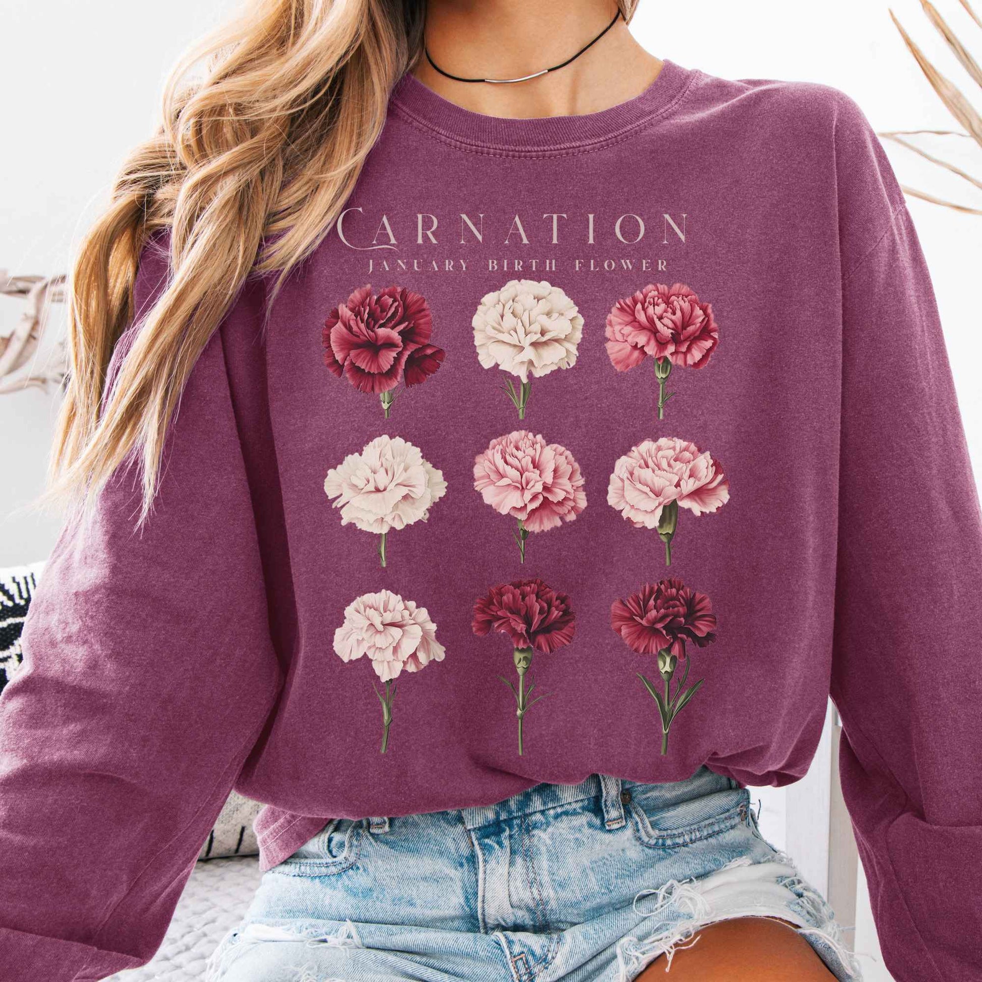 Long-sleeve Berry / S Carnation January Birth Month Flower Long Sleeve Shirt The Mystic Eden