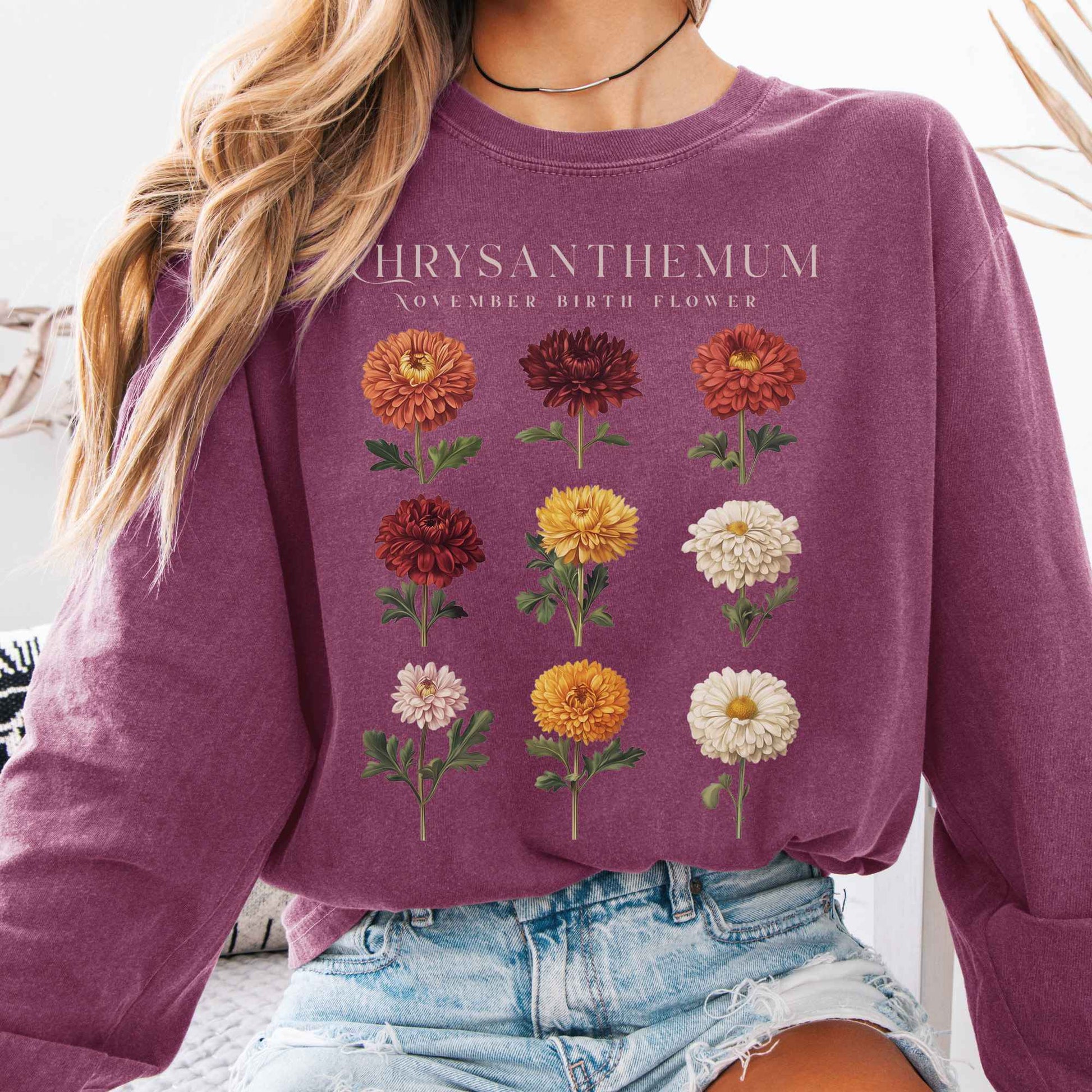 Long-sleeve Berry / S Chrysanthemum November Birth Month Flower Long Sleeve Shirt The Mystic Eden