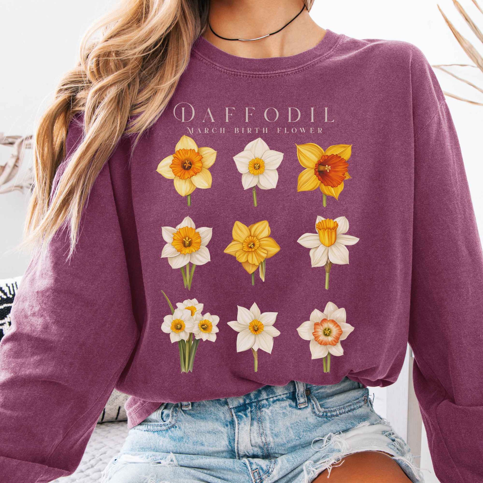 Long-sleeve Berry / S Daffodil March Birth Month Flower Long Sleeve Shirt The Mystic Eden