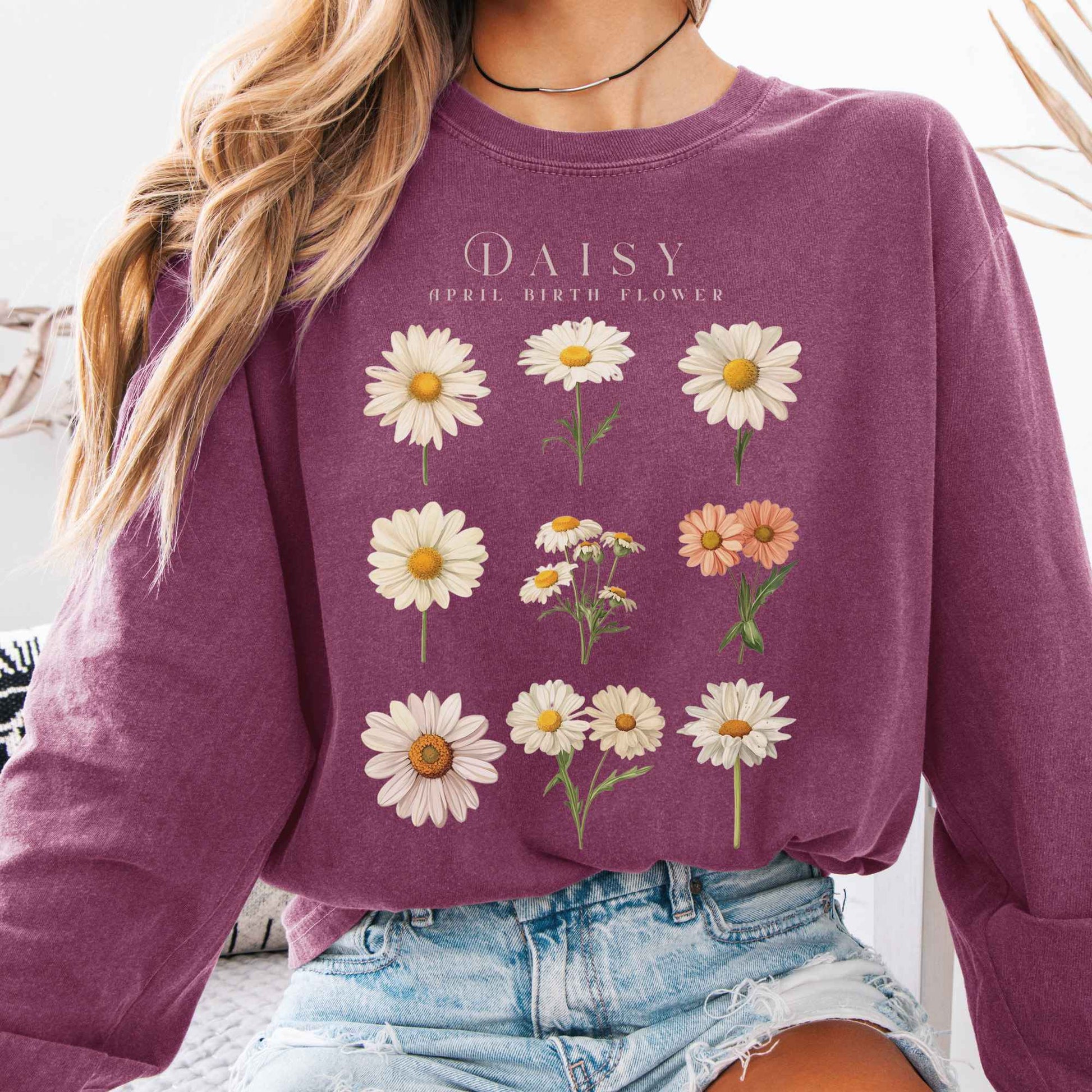 Long-sleeve Berry / S Daisy April Birth Month Flower Long Sleeve Shirt The Mystic Eden