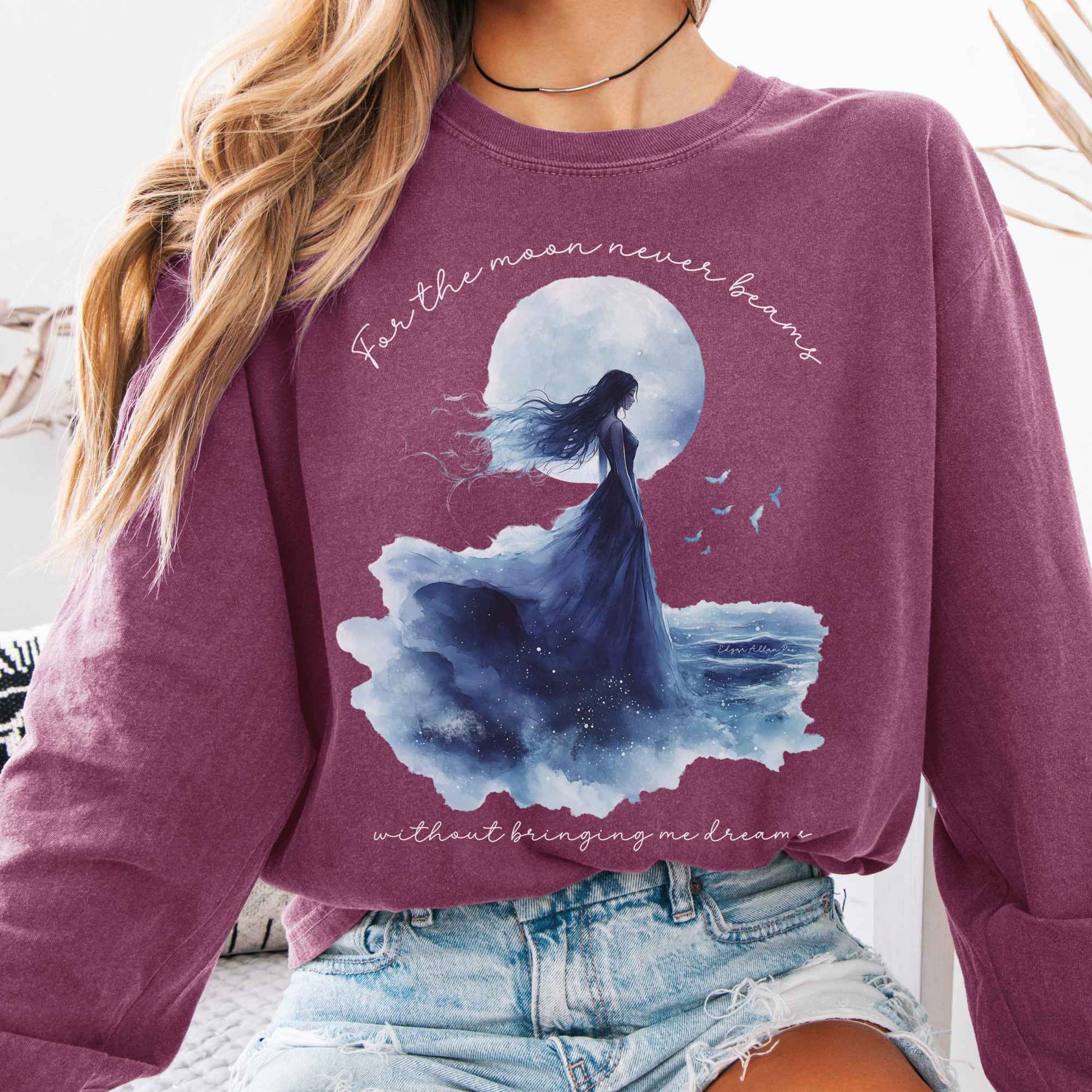 Long-sleeve Berry / S For The Moon Never Beams Without Bringing Me Dreams Edgar Allan Poe Long Sleeve Shirt The Mystic Eden
