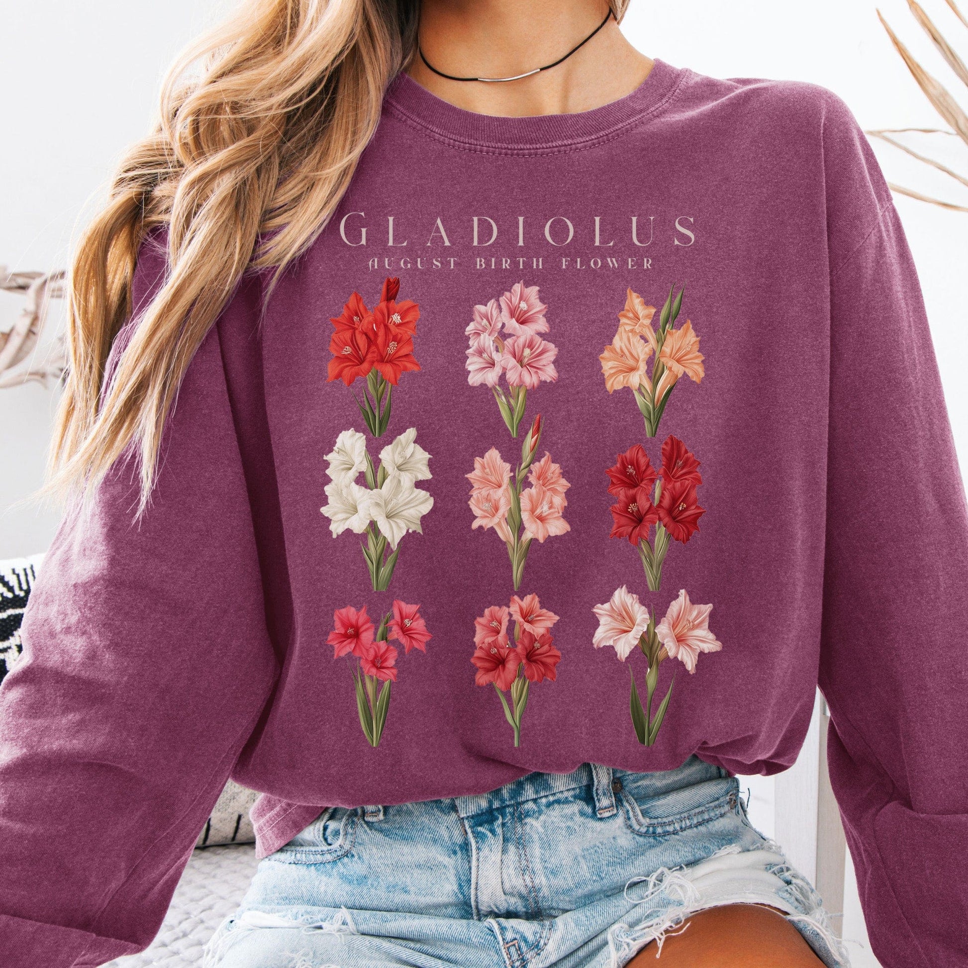 Long-sleeve Berry / S Gladiolus August Birth Month Flower Long Sleeve Shirt The Mystic Eden