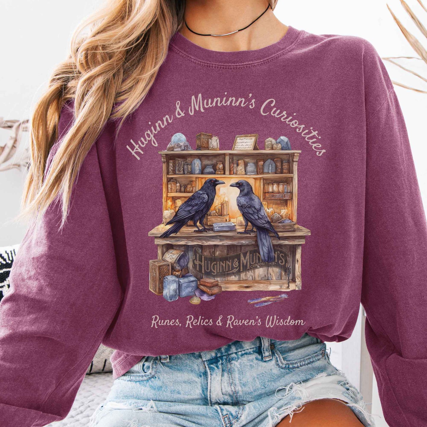 Long-sleeve Berry / S Huginn & Muninn's Curiosities Norse Gods Long Sleeve Shirt The Mystic Eden