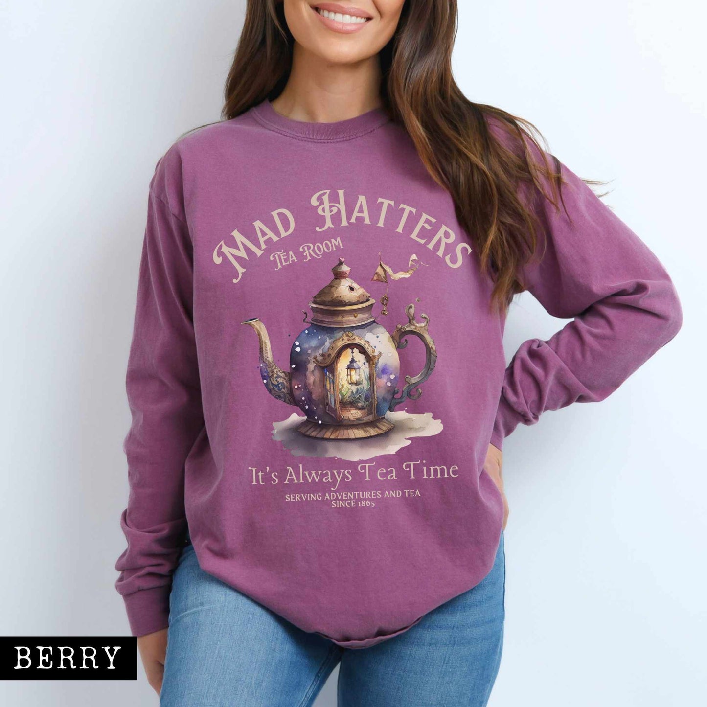 Long-sleeve Berry / S It's Always Tea Time - Mad Hatters Tea Room Long Sleeved Shirt The Mystic Eden