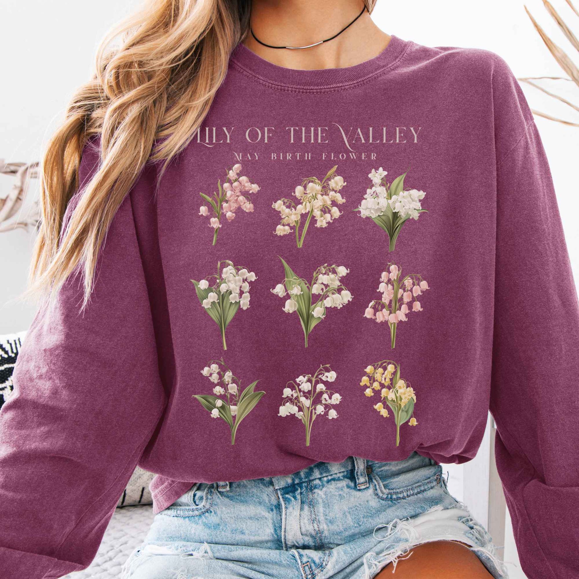 Long-sleeve Berry / S Lily of The Valley May Birth Month Flower Long Sleeve Shirt The Mystic Eden