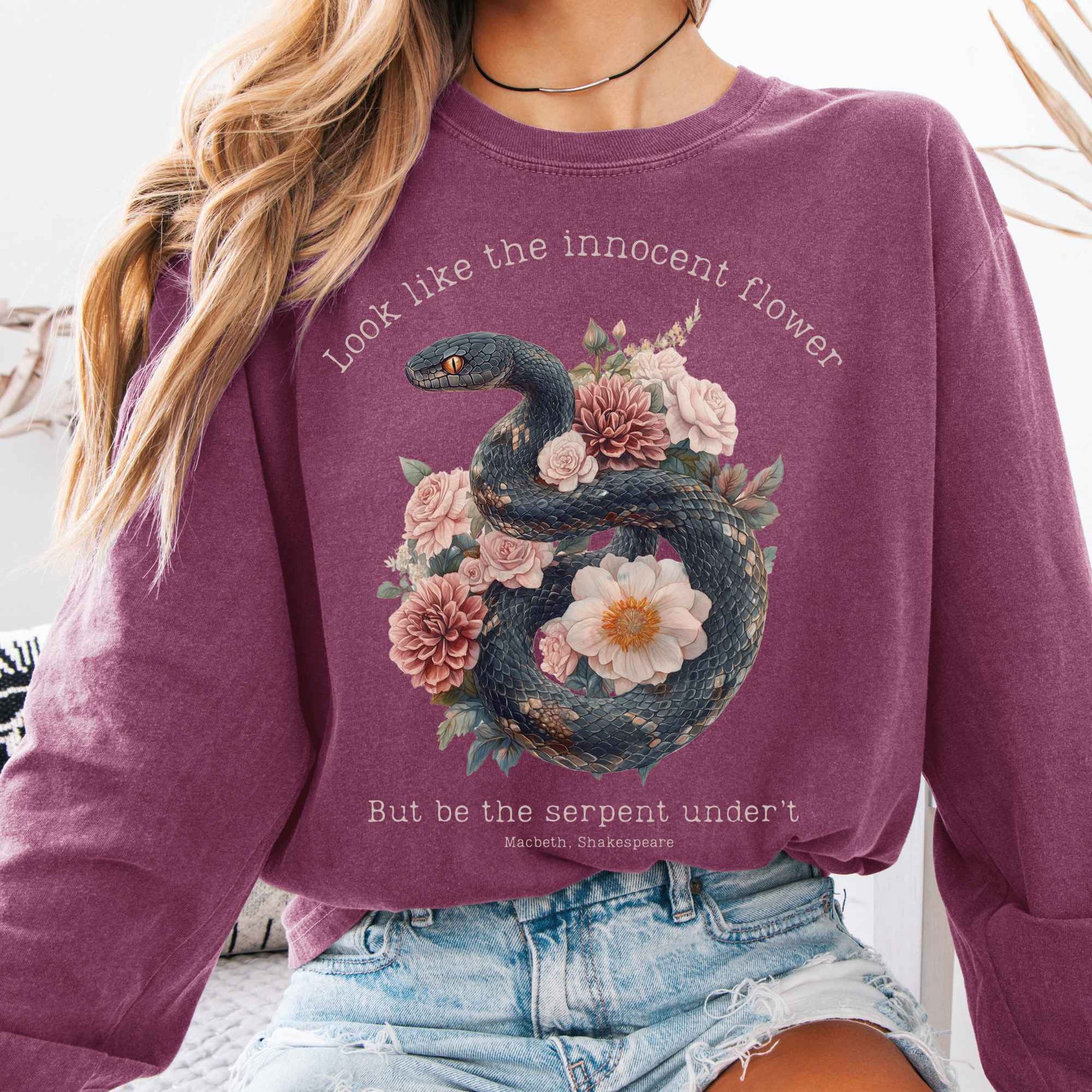 Long-sleeve Berry / S Look Like The Innocent Flower But Be The Serpent Under't Shakespeare Long Sleeve Shirt The Mystic Eden