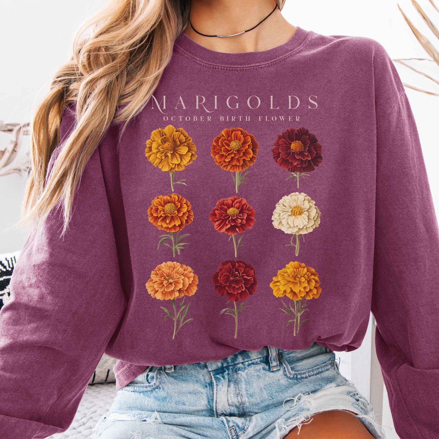 Long-sleeve Berry / S Marigolds October Birth Month Flower Long Sleeve Shirt The Mystic Eden