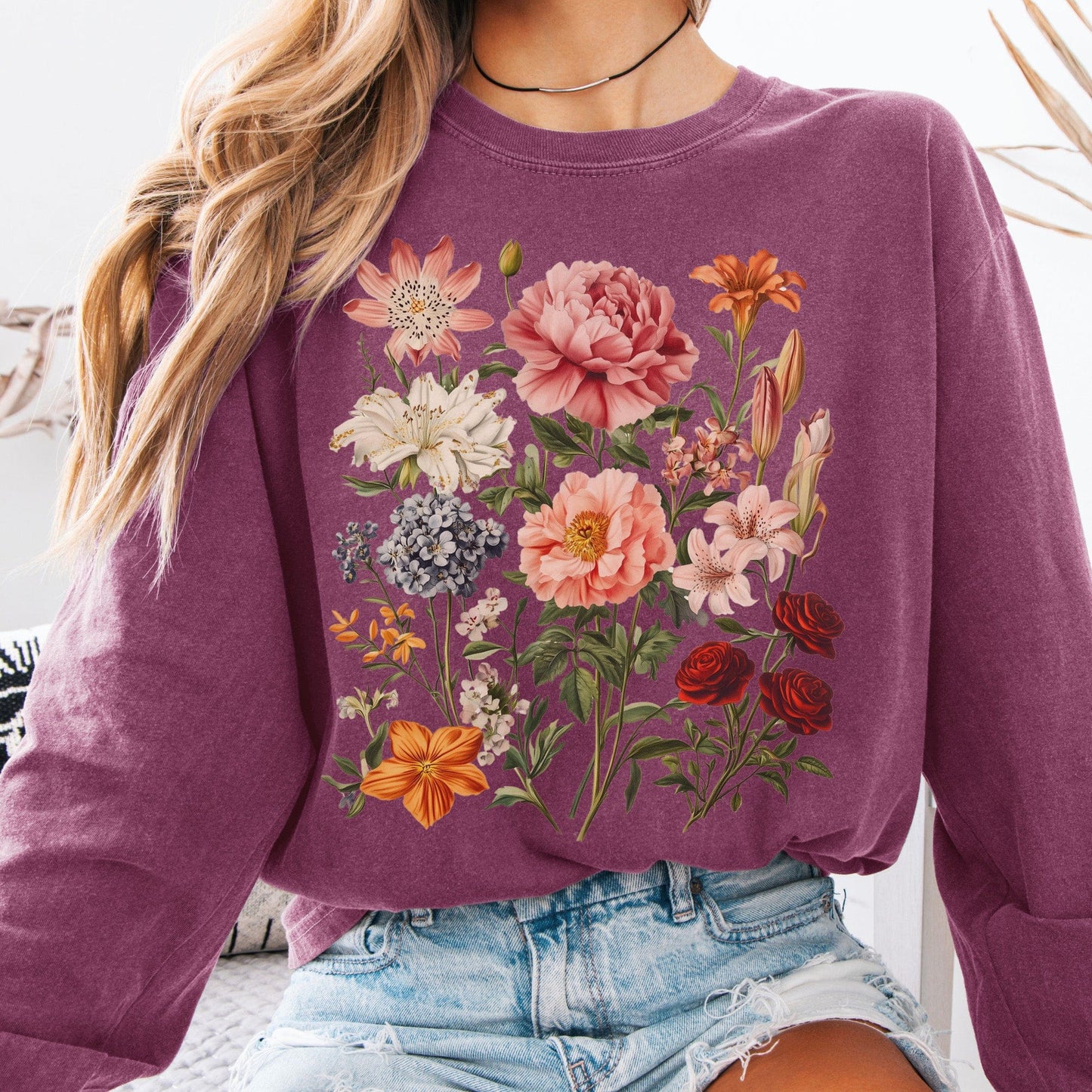 Long-sleeve Berry / S Mixed Florals Long Sleeve Shirt The Mystic Eden