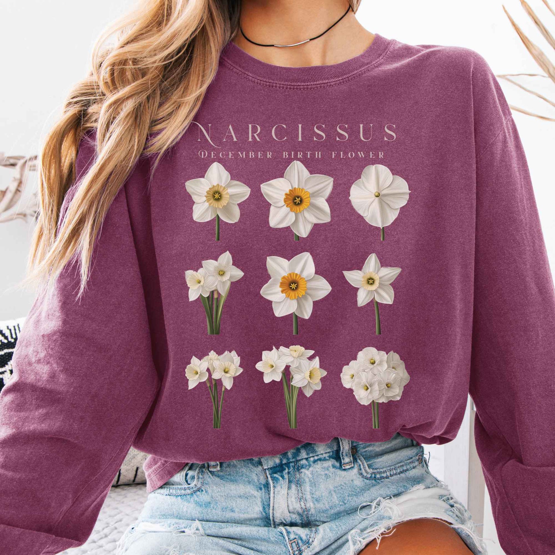Long-sleeve Berry / S Narcissus December Birth Month Flower Long Sleeve Shirt The Mystic Eden