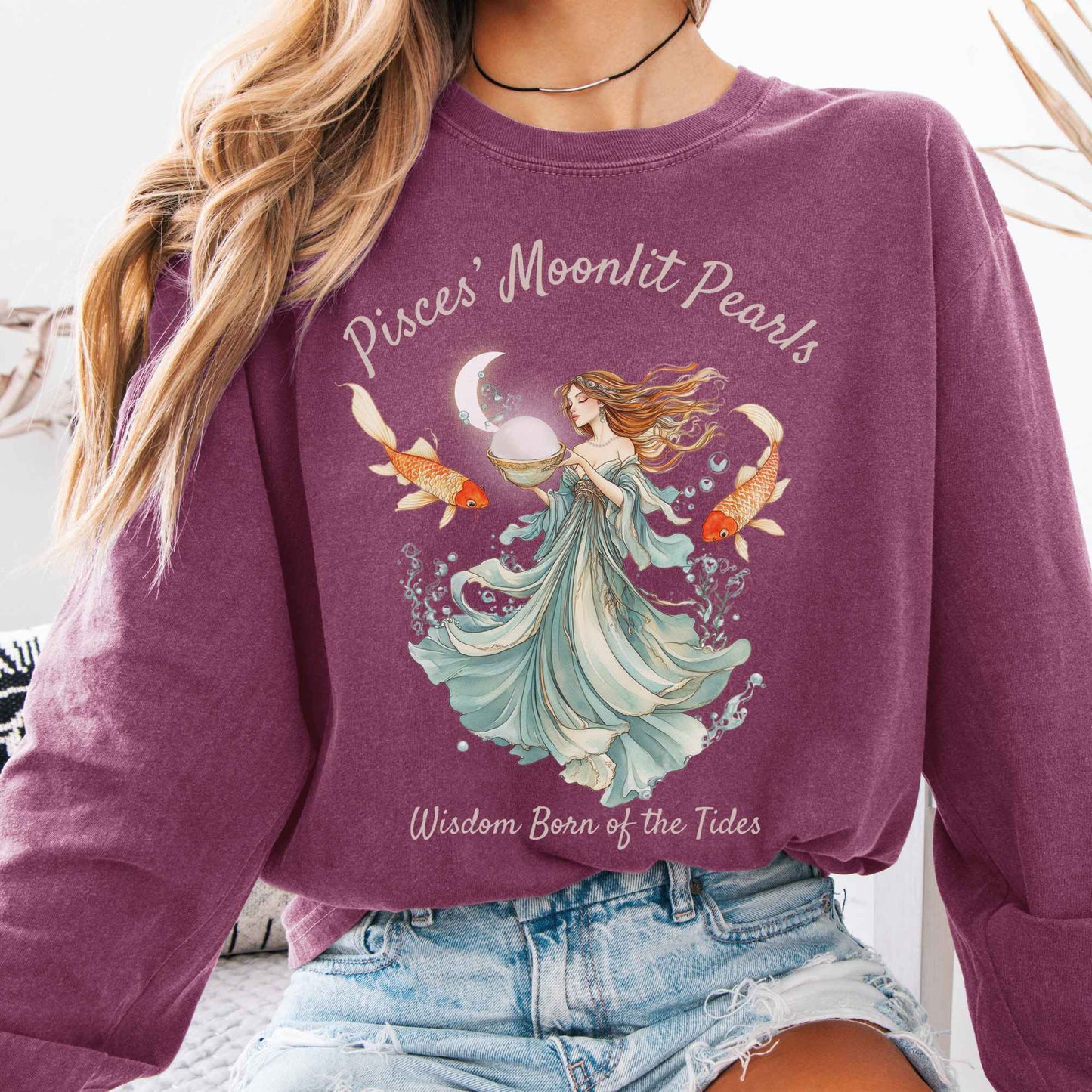Long-sleeve Berry / S Pisces' Moonlit Pearls Zodiac Long Sleeve Tee The Mystic Eden