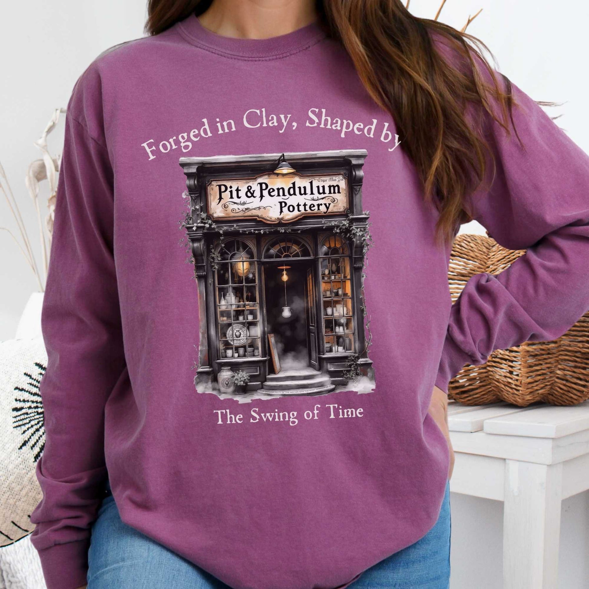Long-sleeve Berry / S Pit & Pendulum Pottery Edgar Allan Poe Long Sleeved Shirt The Mystic Eden