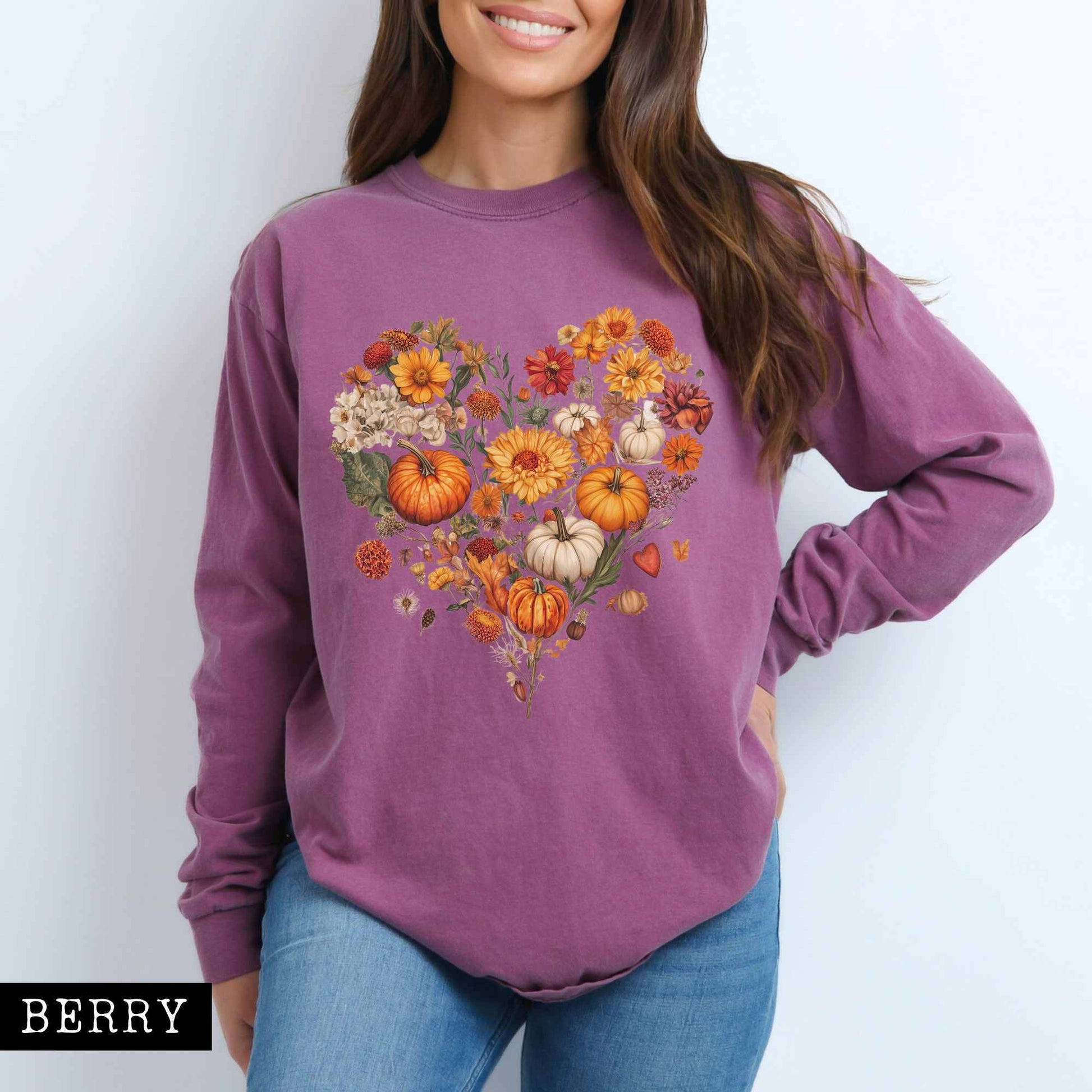 Long-sleeve Berry / S Pumpkin floral fall heart - long sleeve tee The Mystic Eden