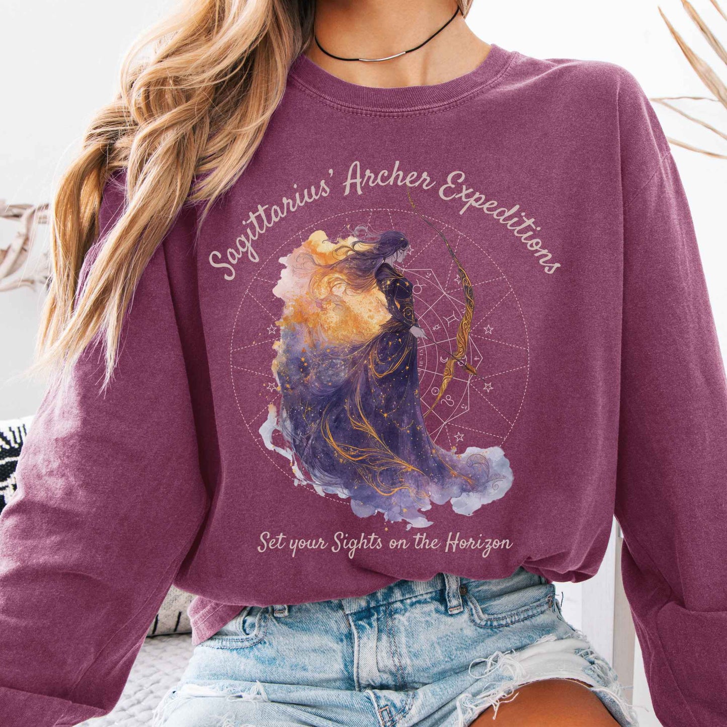 Long-sleeve Berry / S Sagittarius' Archer Expeditions Zodiac Long Sleeve Tee The Mystic Eden