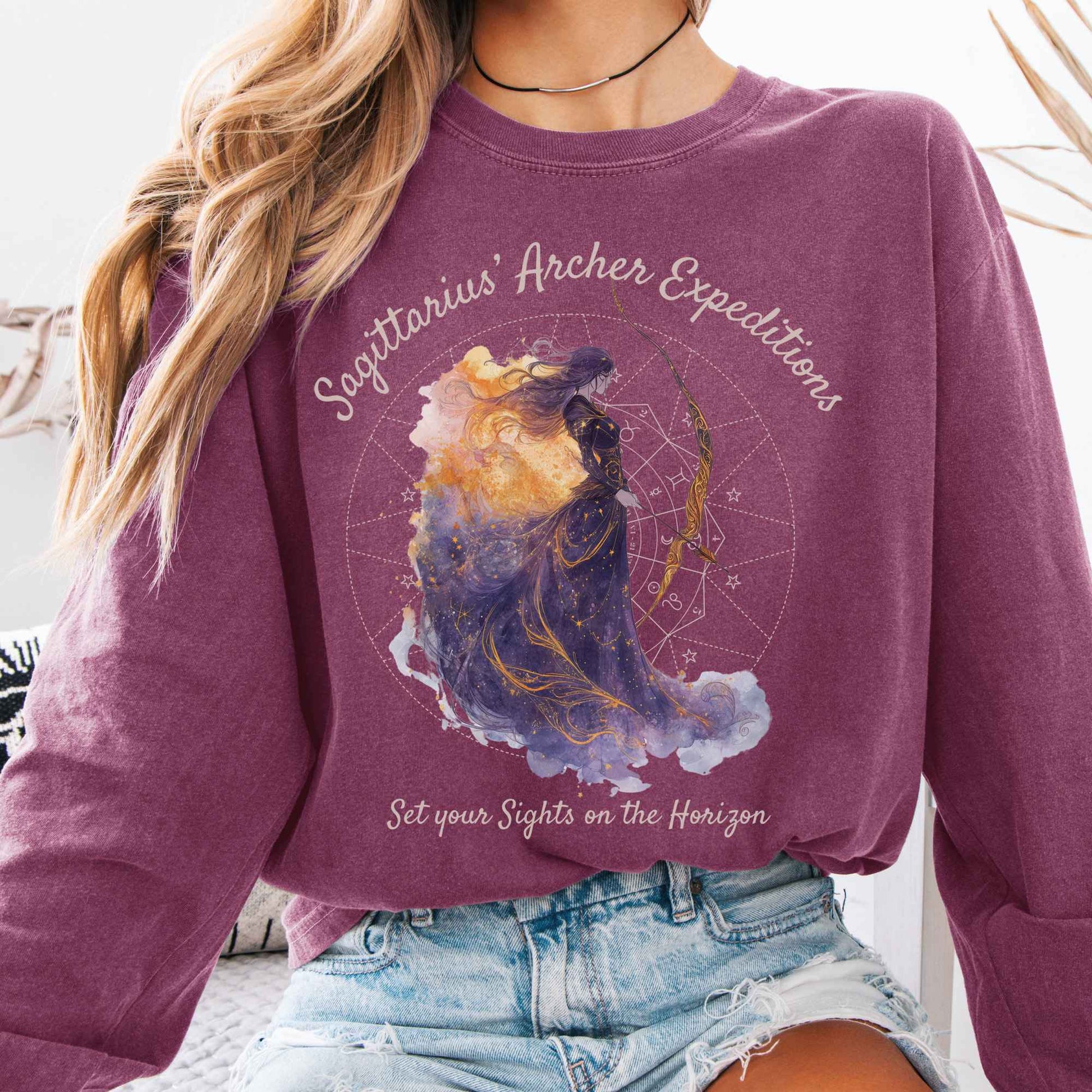 Long-sleeve Berry / S Sagittarius' Archer Expeditions Zodiac Long Sleeve Tee The Mystic Eden
