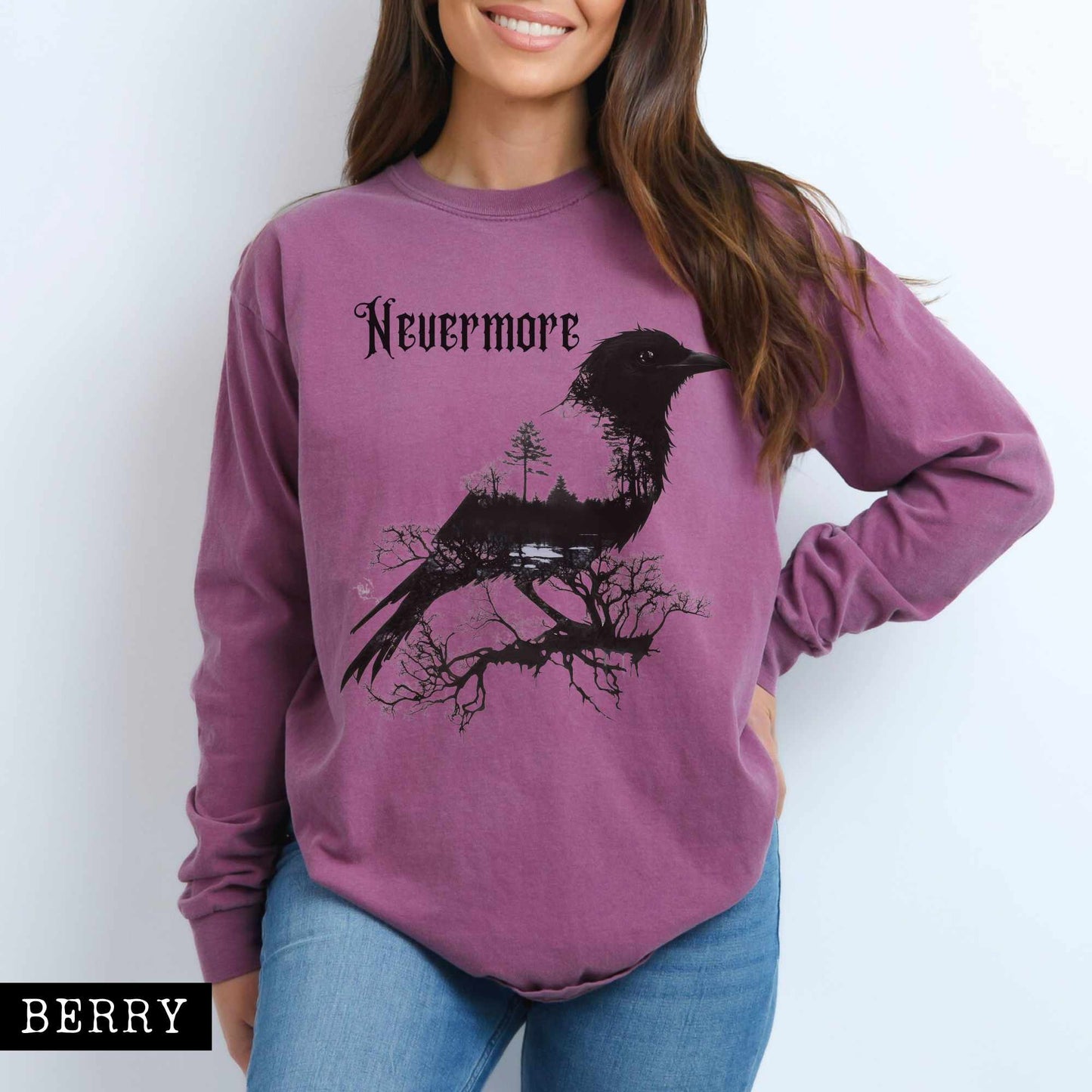 Long-sleeve Berry / S The Raven Nevermore Long Sleeved Shirt Edgar Allan Poe The Mystic Eden