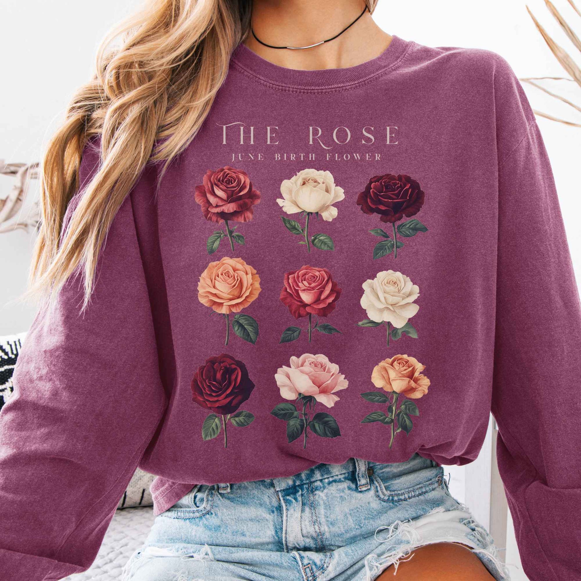 Long-sleeve Berry / S The Rose June Birth Month Flower Long Sleeve Shirt The Mystic Eden