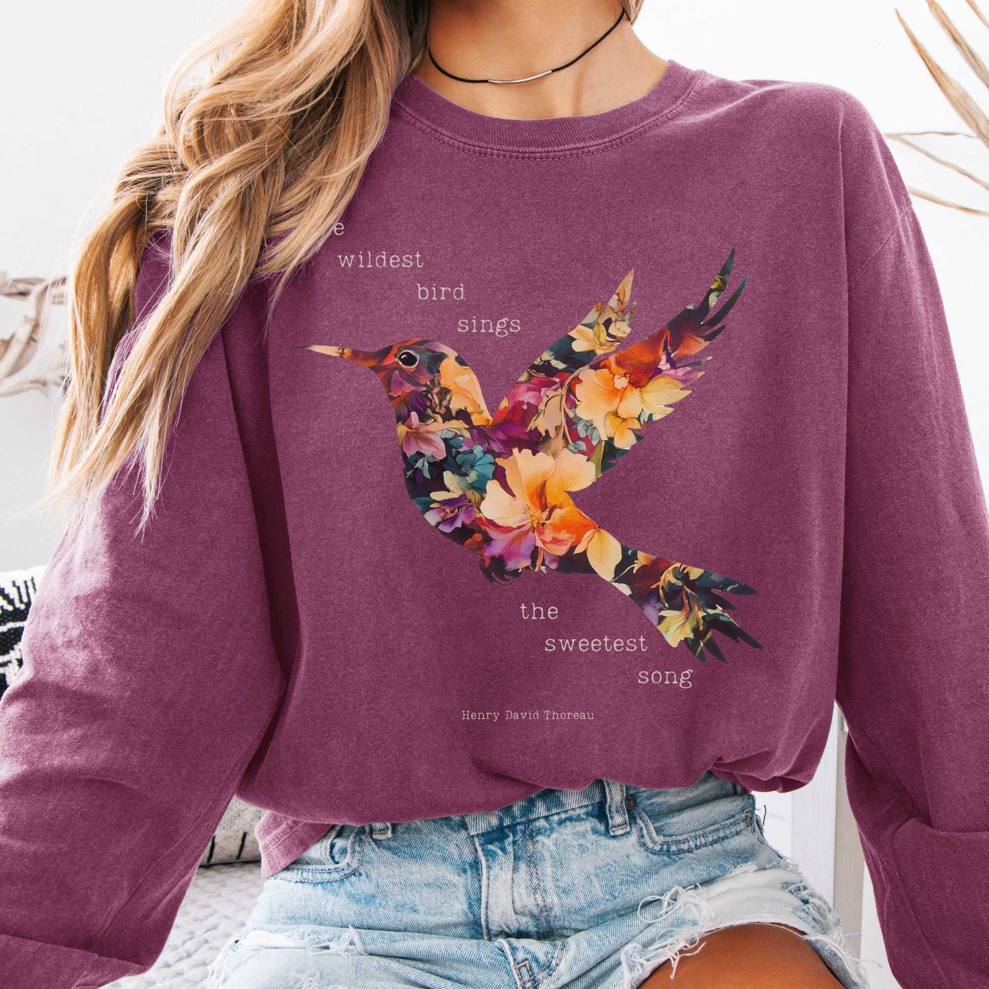 Long-sleeve Berry / S Thoreau Shirt Long Sleeve Where The Wildest Bird Sings The Mystic Eden