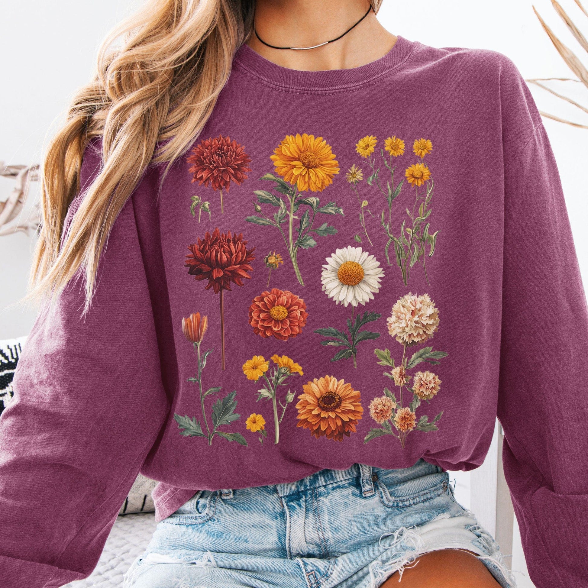 Long-sleeve Berry / S Vintage Botanical Floral Long Sleeve Shirt The Mystic Eden