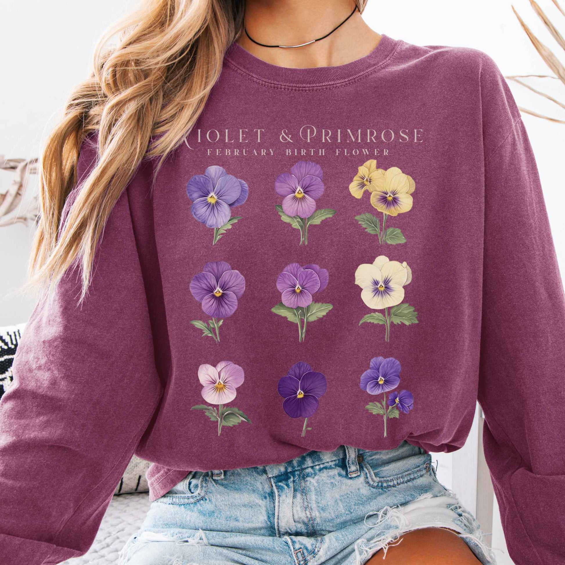 Long-sleeve Berry / S Violet & Primrose February Birth Month Flower Long Sleeve Shirt The Mystic Eden