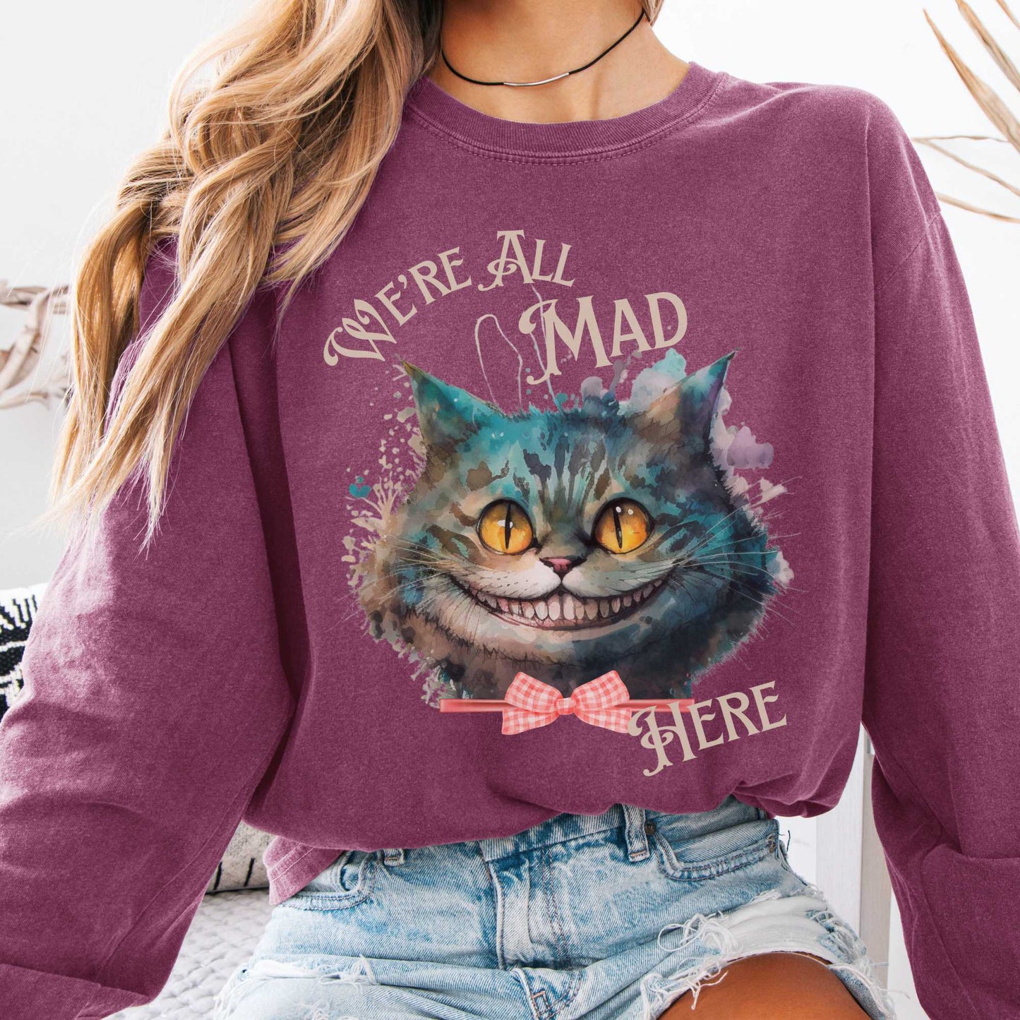 Long-sleeve Berry / S We're All Mad Here Cheshire Cat Long Sleeve Shirt The Mystic Eden