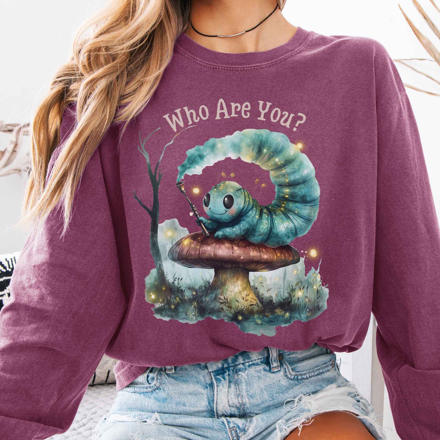 Long-sleeve Berry / S Who are you? Caterpillar Alice's Adventures in Wonderland Long Sleeve Shirt The Mystic Eden
