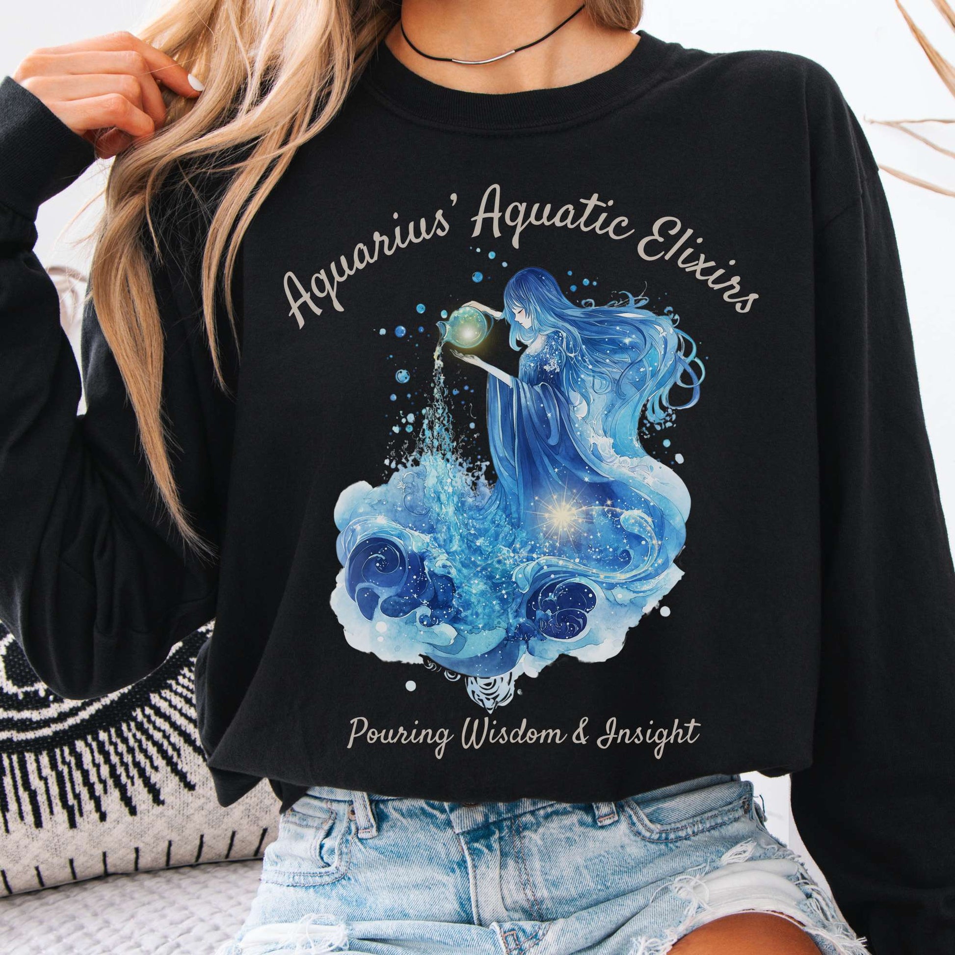 Long-sleeve Black / S Aquarius Aquatic Elixirs Zodiac Long Sleeve Tee The Mystic Eden