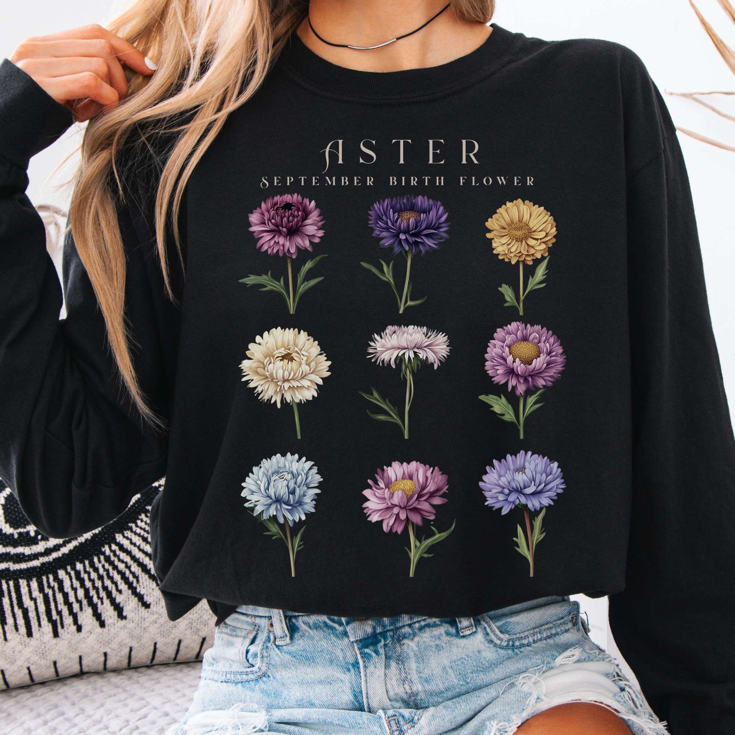 Long-sleeve Black / S Aster September Birth Month Flower Long Sleeve Shirt The Mystic Eden