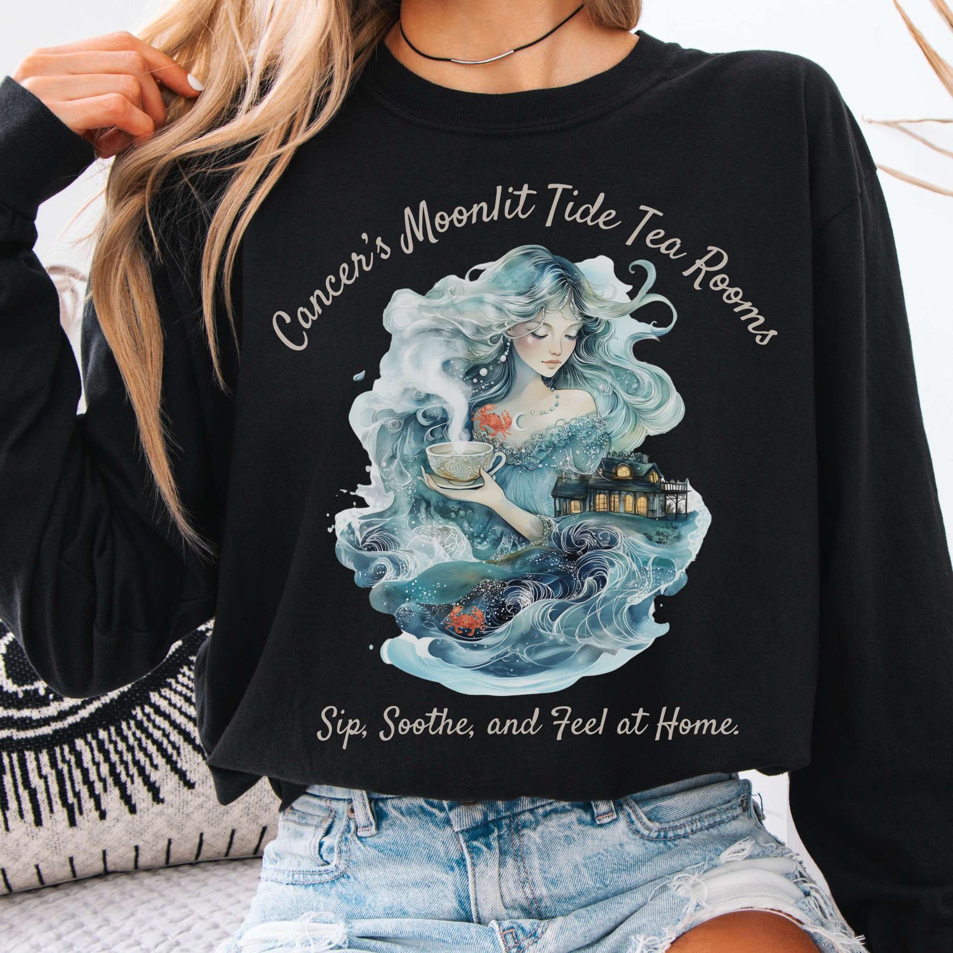 Long-sleeve Black / S Cancer's Moonlit Tide Tea Rooms Zodiac Long Sleeve Tee The Mystic Eden