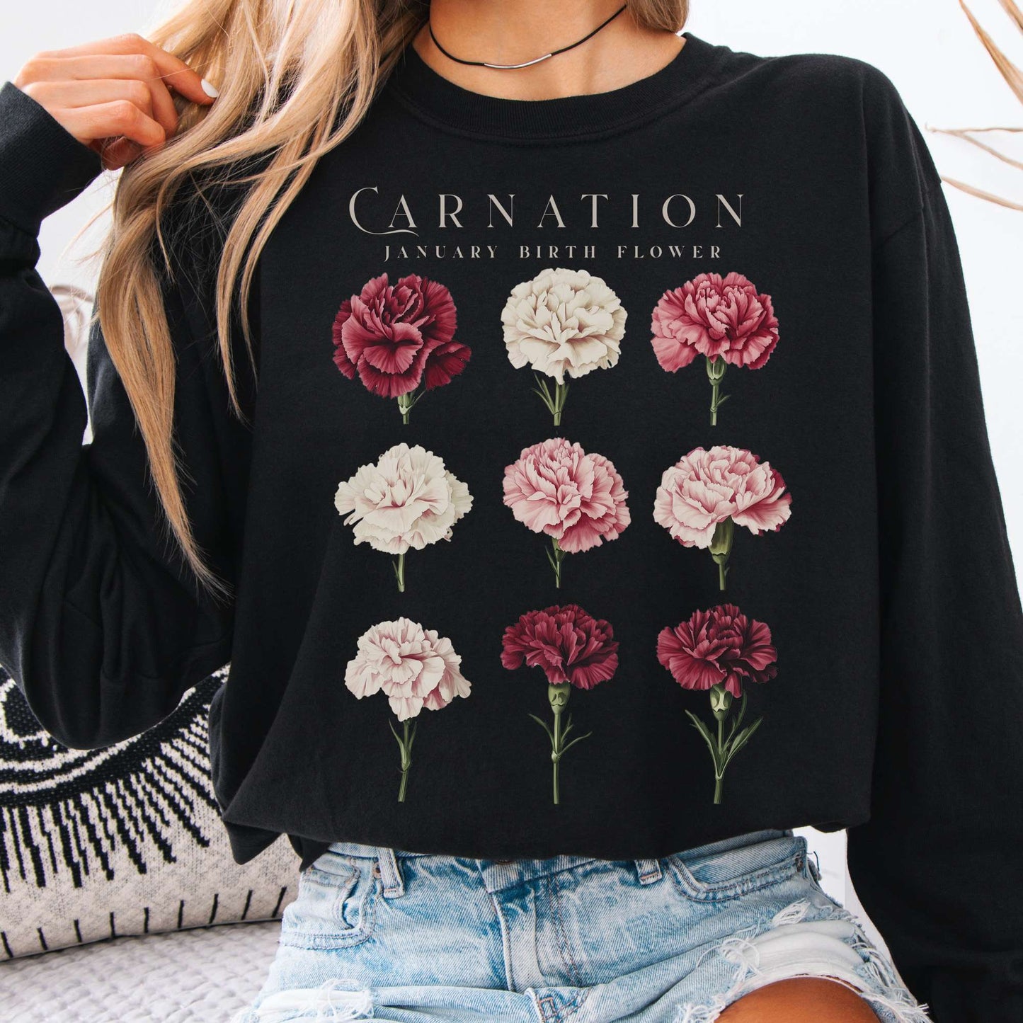 Long-sleeve Black / S Carnation January Birth Month Flower Long Sleeve Shirt The Mystic Eden
