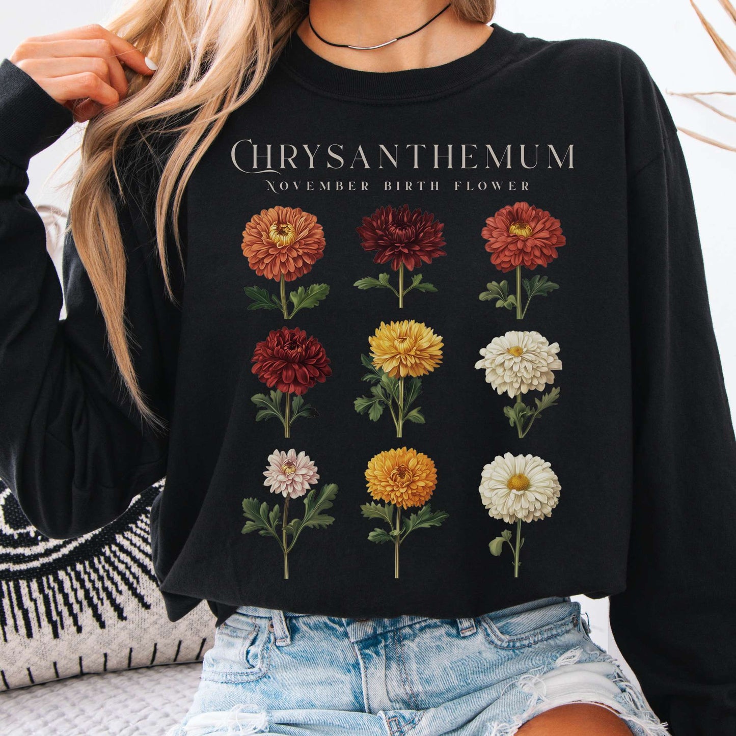 Long-sleeve Black / S Chrysanthemum November Birth Month Flower Long Sleeve Shirt The Mystic Eden