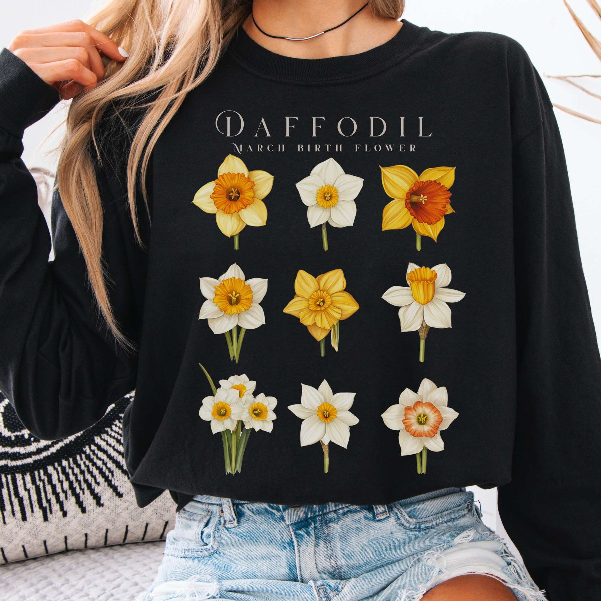 Long-sleeve Black / S Daffodil March Birth Month Flower Long Sleeve Shirt The Mystic Eden
