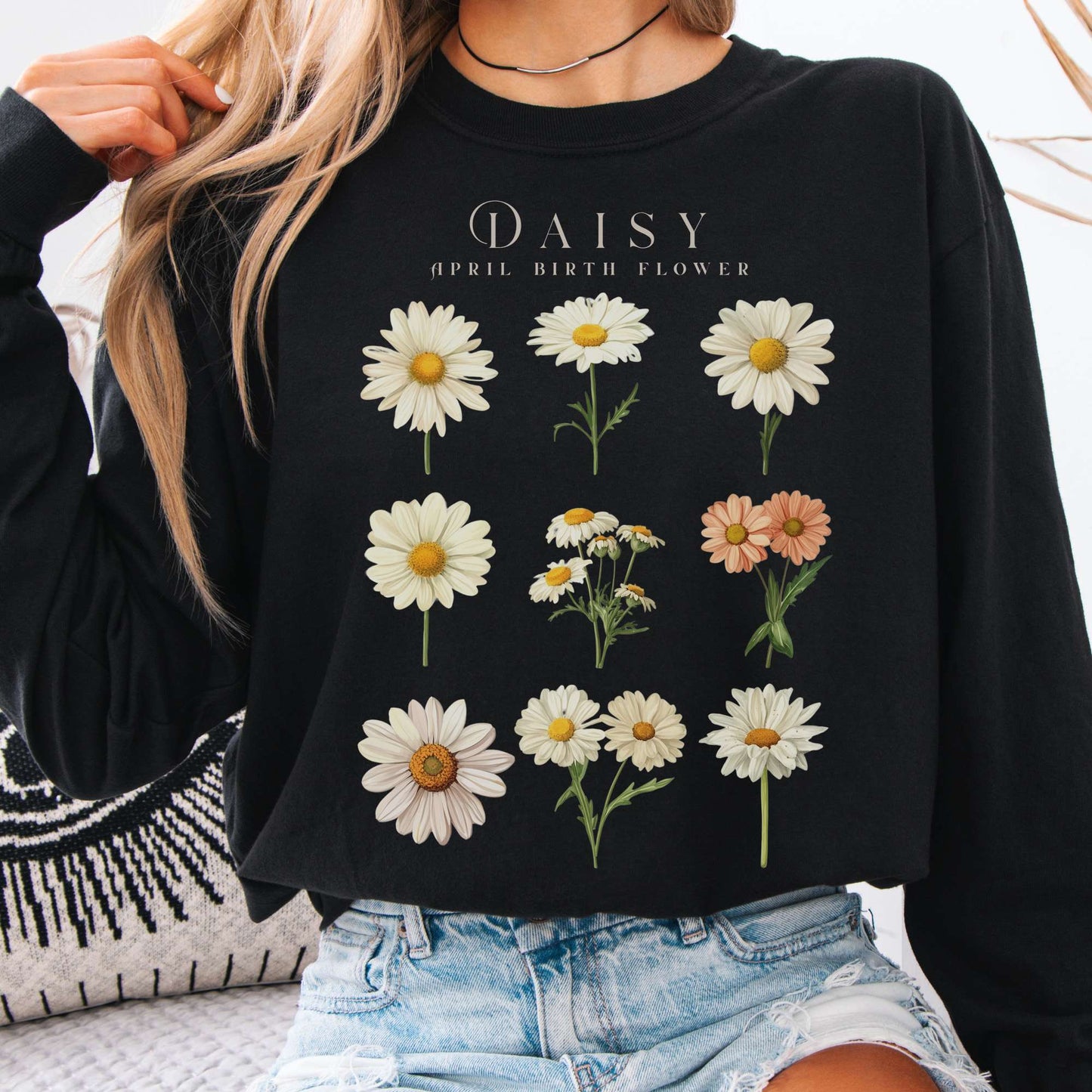 Long-sleeve Black / S Daisy April Birth Month Flower Long Sleeve Shirt The Mystic Eden