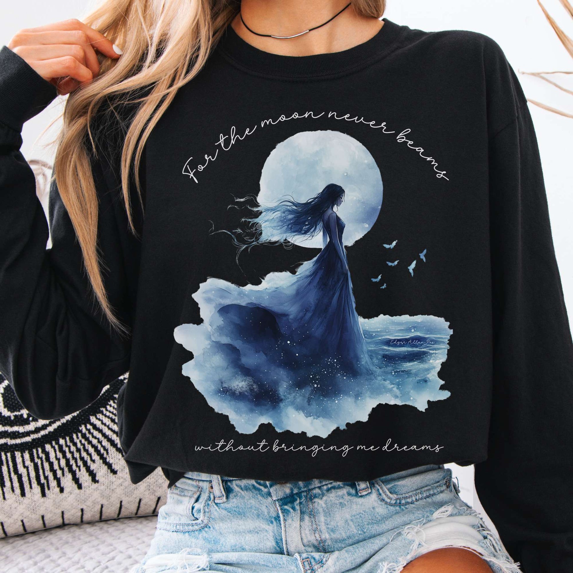 Long-sleeve Black / S For The Moon Never Beams Without Bringing Me Dreams Edgar Allan Poe Long Sleeve Shirt The Mystic Eden