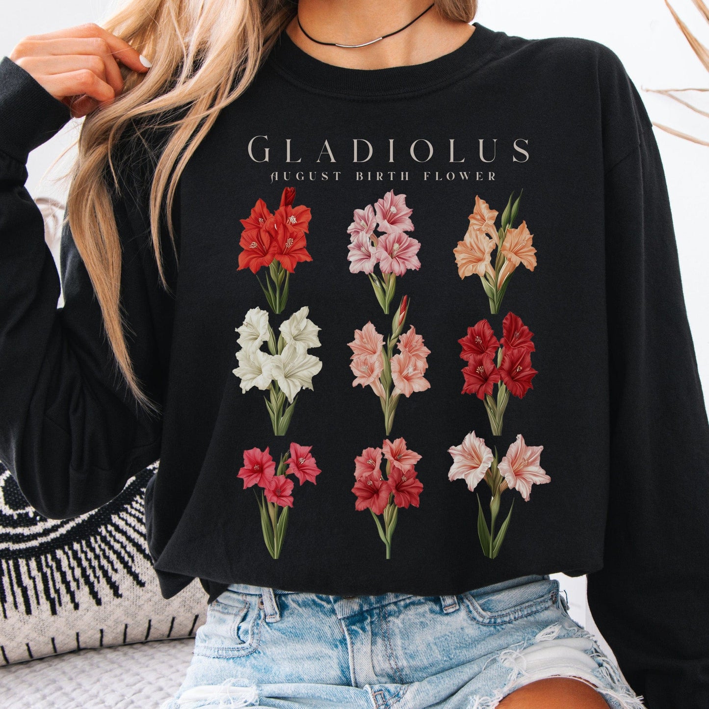 Long-sleeve Black / S Gladiolus August Birth Month Flower Long Sleeve Shirt The Mystic Eden