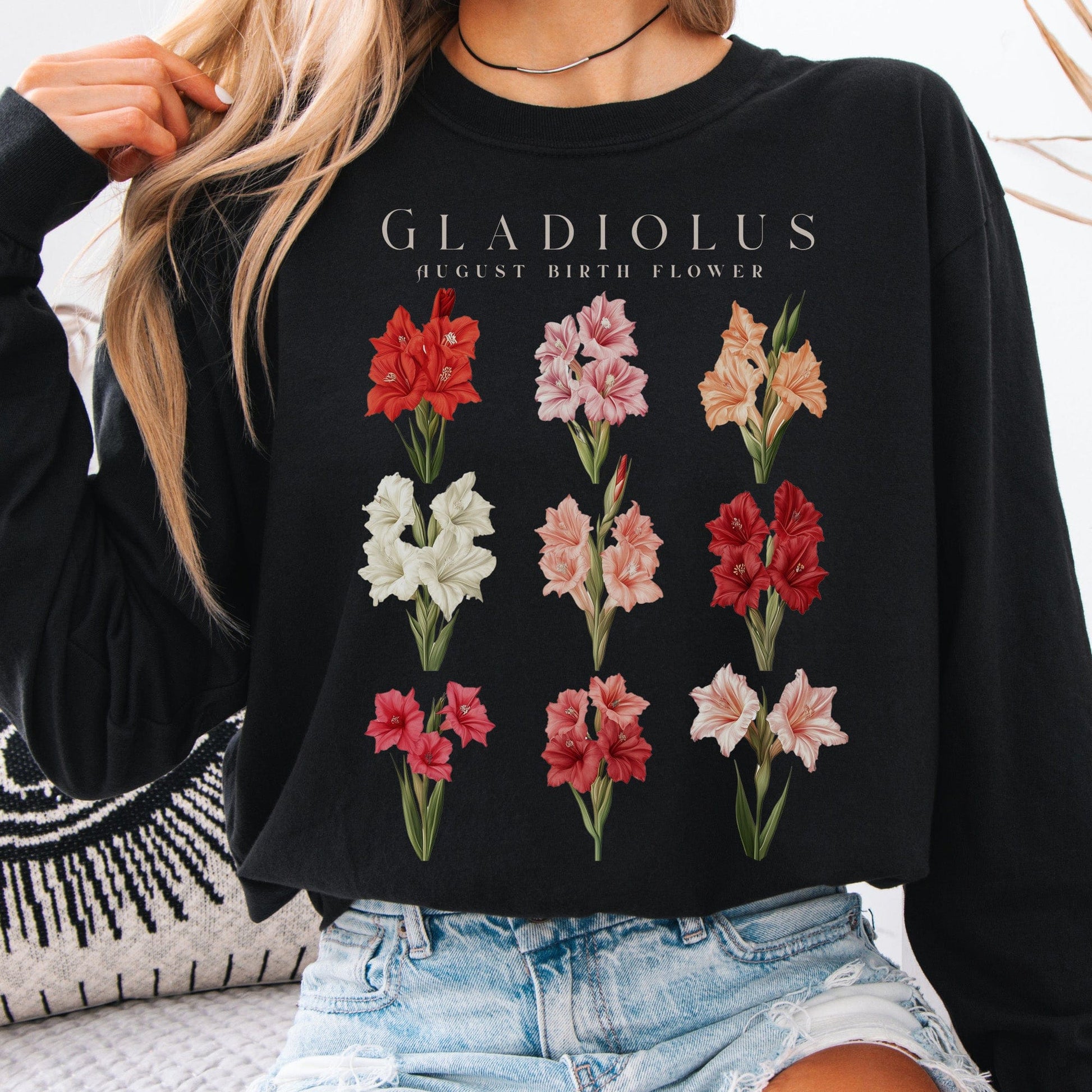 Long-sleeve Black / S Gladiolus August Birth Month Flower Long Sleeve Shirt The Mystic Eden