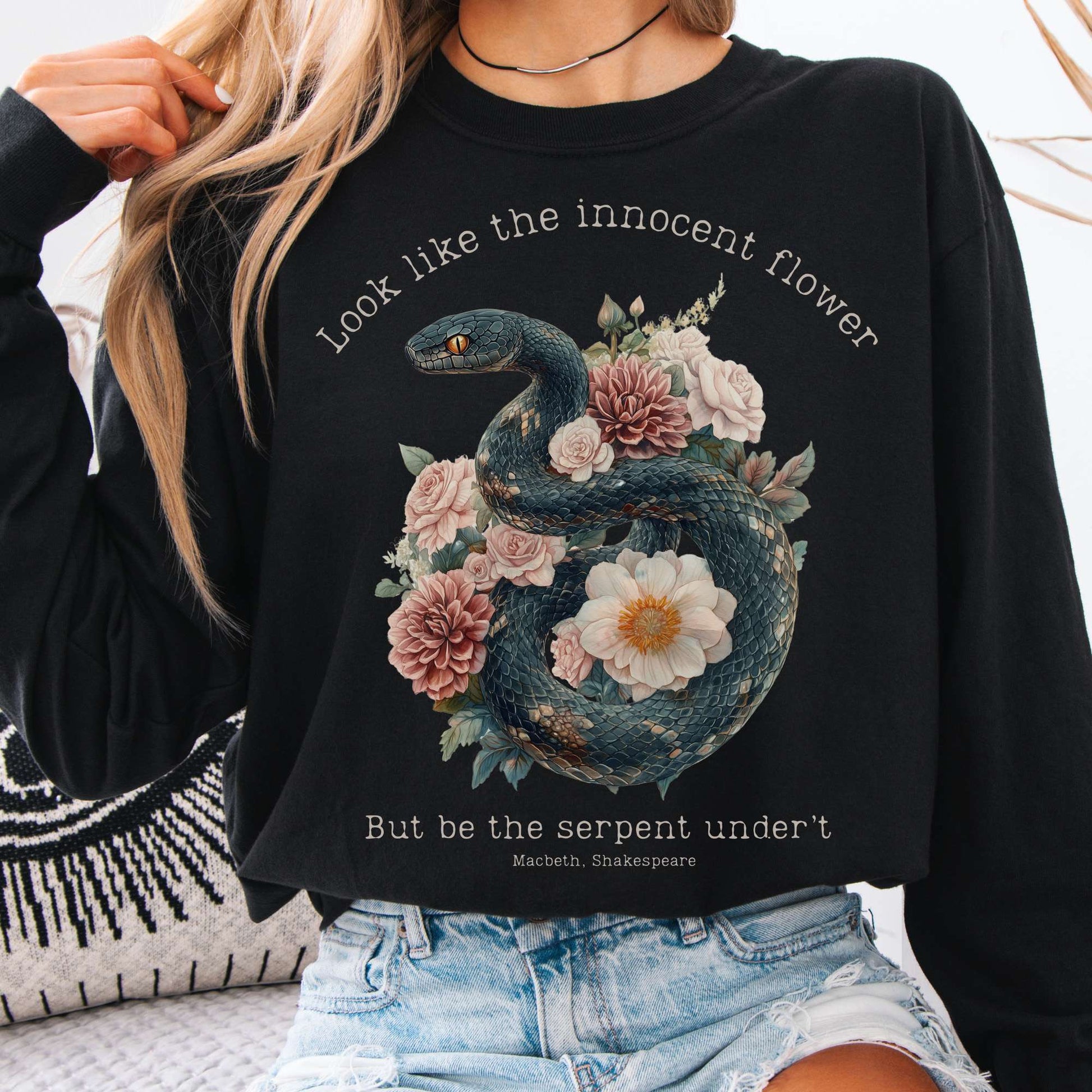 Long-sleeve Black / S Look Like The Innocent Flower But Be The Serpent Under't Shakespeare Long Sleeve Shirt The Mystic Eden