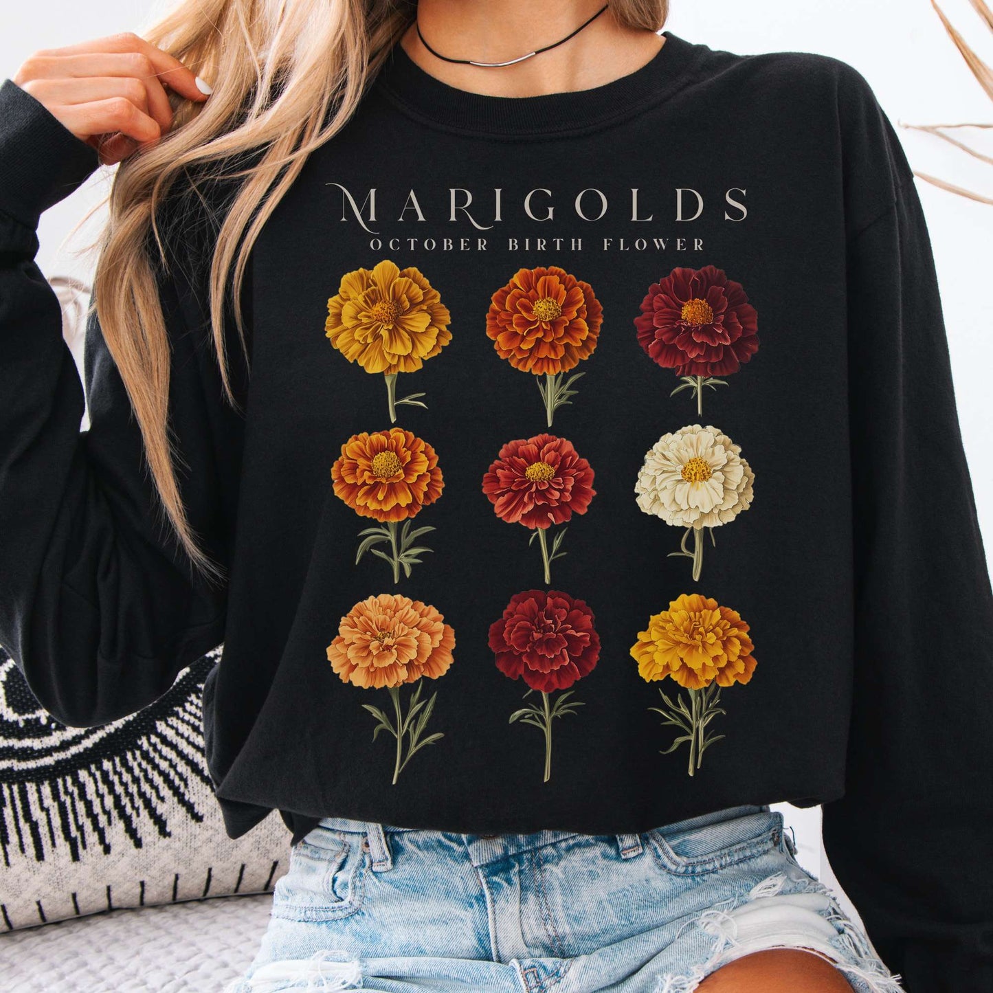 Long-sleeve Black / S Marigolds October Birth Month Flower Long Sleeve Shirt The Mystic Eden