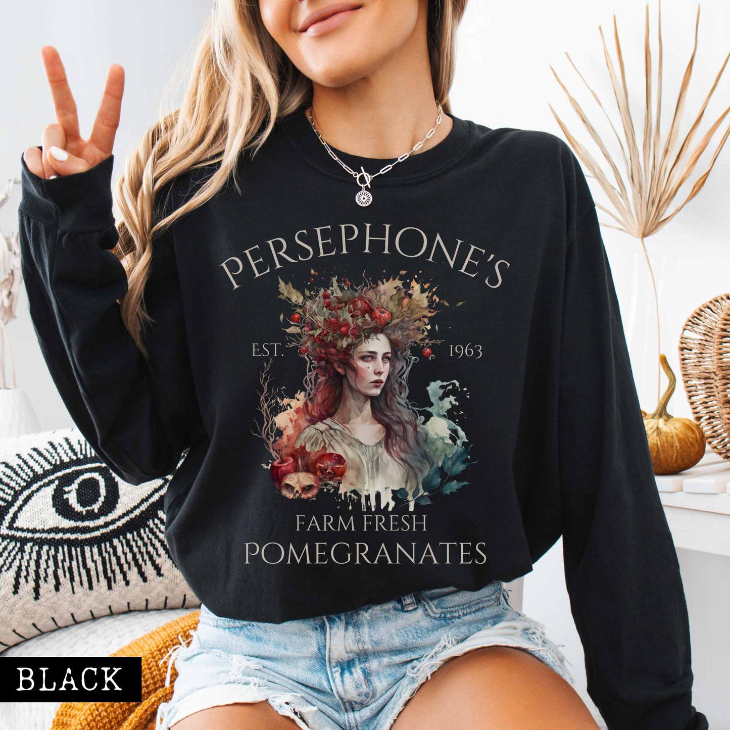 Long-sleeve Black / S Persephone's Farm Fresh Pomegranates Long Sleeve T-Shirt The Mystic Eden