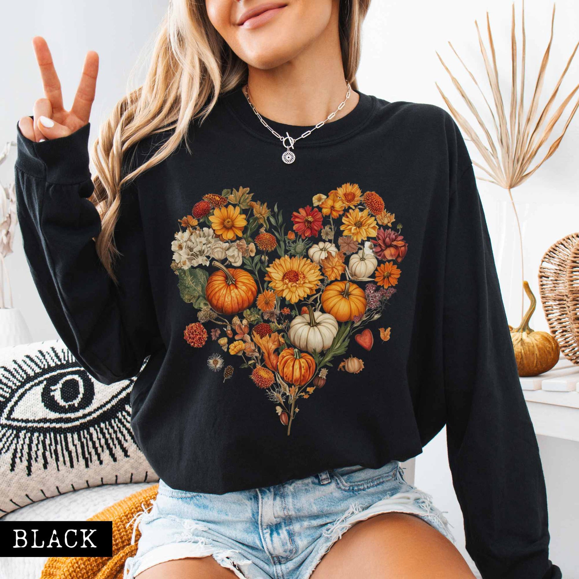 Long-sleeve Black / S Pumpkin floral fall heart - long sleeve tee The Mystic Eden