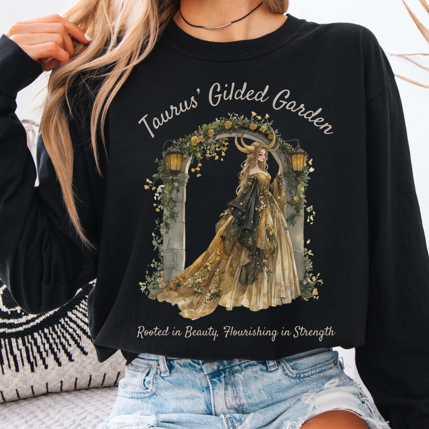 Long-sleeve Black / S Taurus's Gilded Garden Zodiac Long Sleeve Shirt The Mystic Eden
