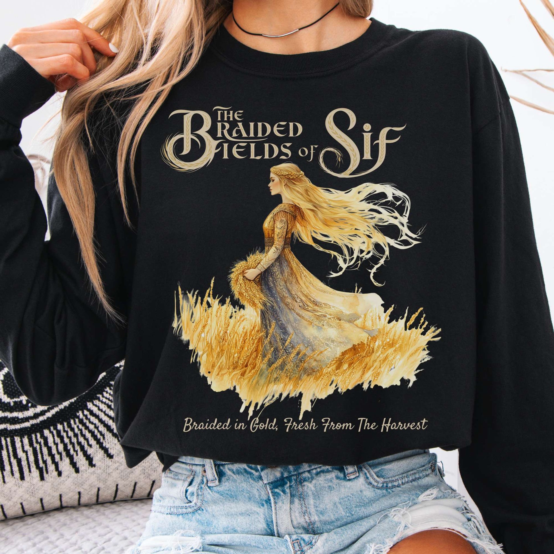 Long-sleeve Black / S The Braided Fields of Sif Norse Goddess Long Sleeve Shirt The Mystic Eden