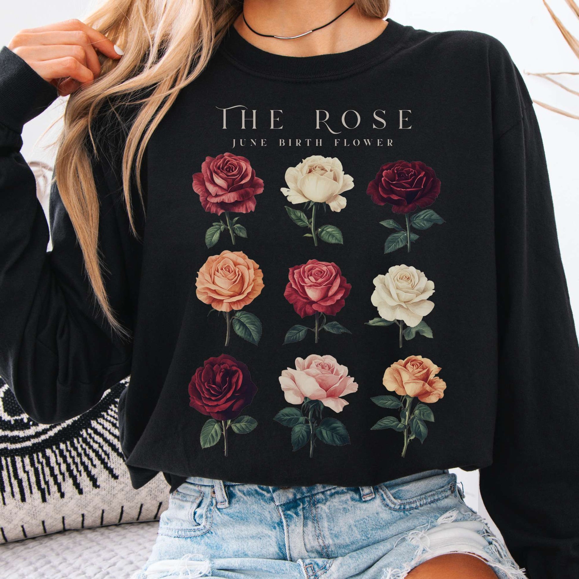 Long-sleeve Black / S The Rose June Birth Month Flower Long Sleeve Shirt The Mystic Eden
