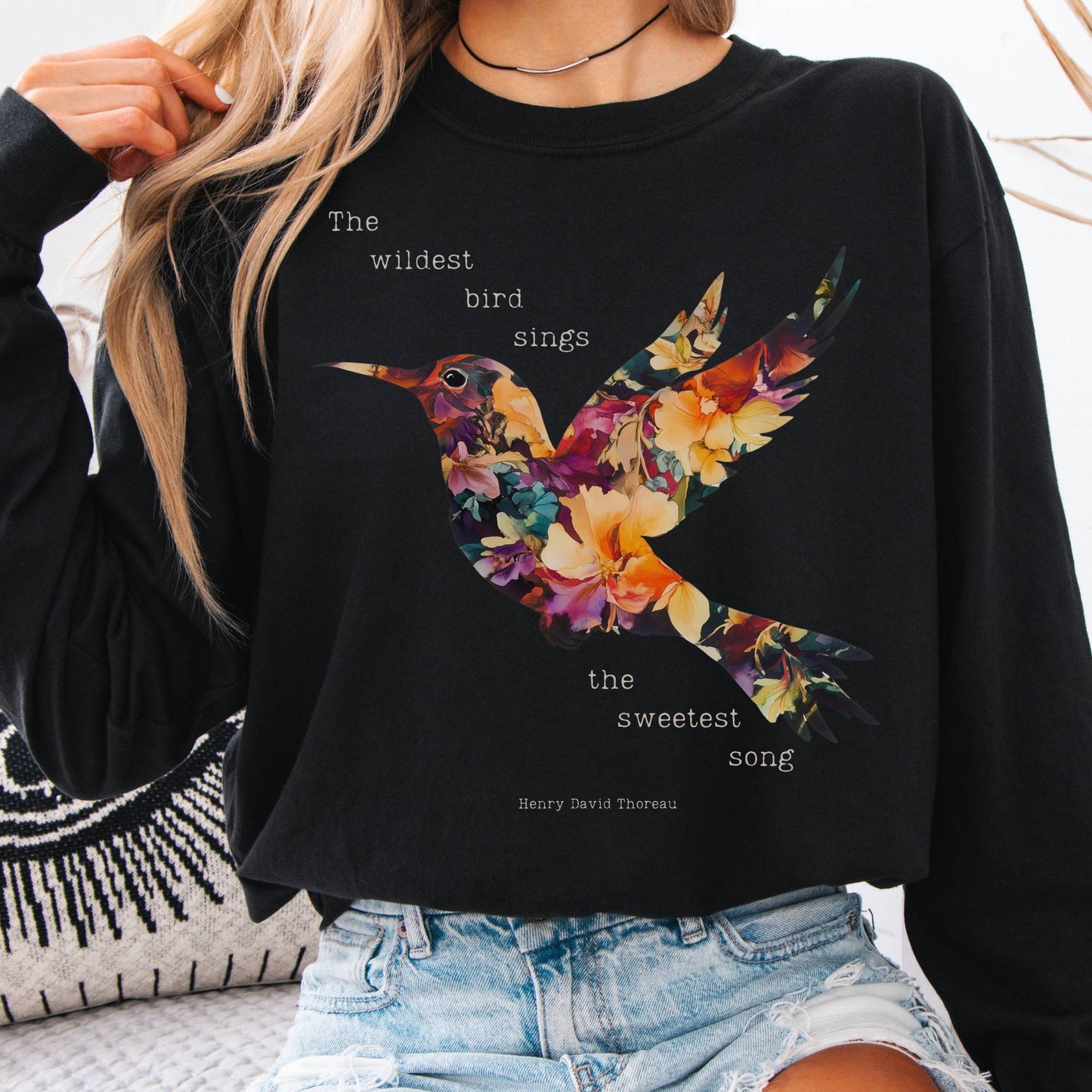 Long-sleeve Black / S Thoreau Shirt Long Sleeve Where The Wildest Bird Sings The Mystic Eden