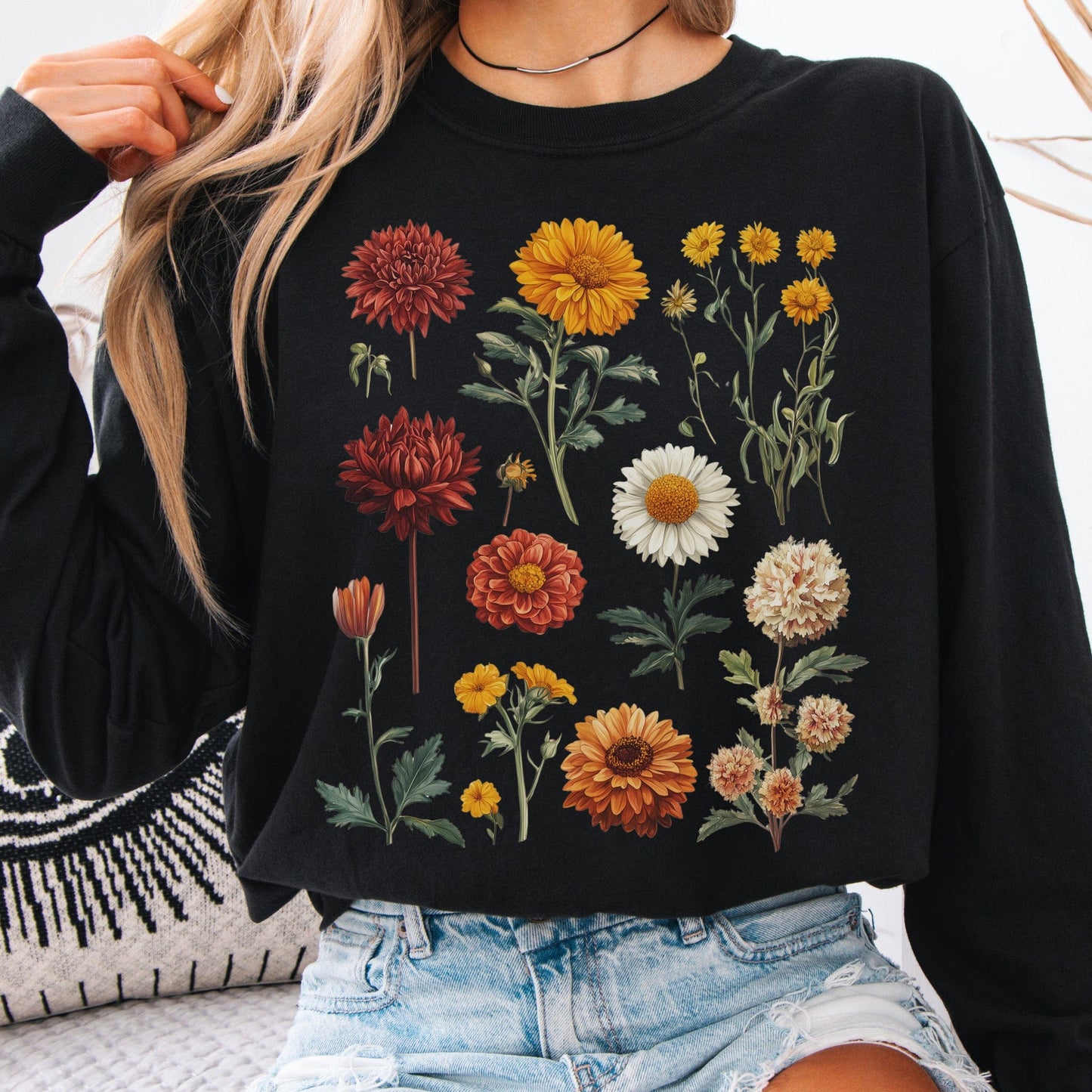 Long-sleeve Black / S Vintage Botanical Floral Long Sleeve Shirt The Mystic Eden