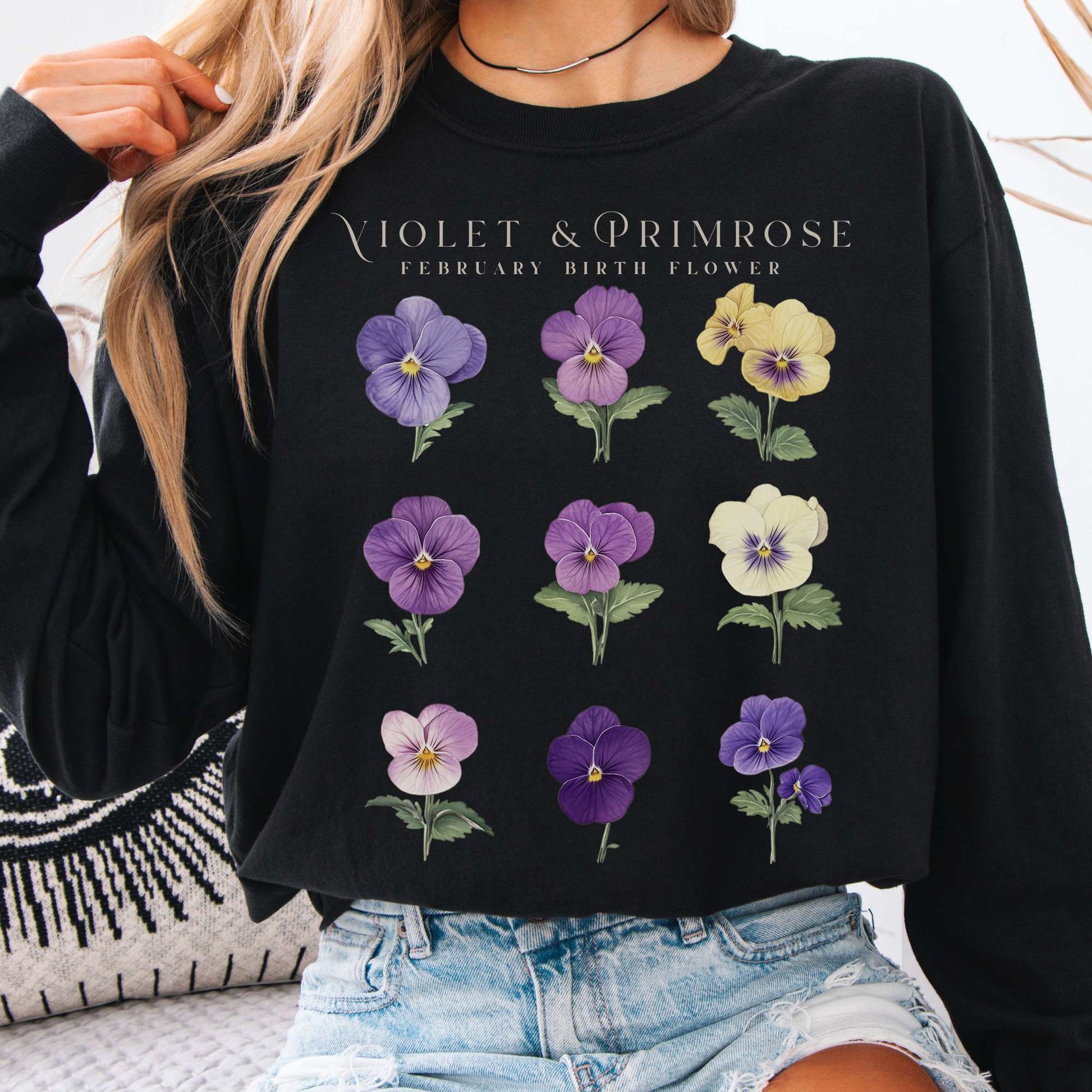 Long-sleeve Black / S Violet & Primrose February Birth Month Flower Long Sleeve Shirt The Mystic Eden