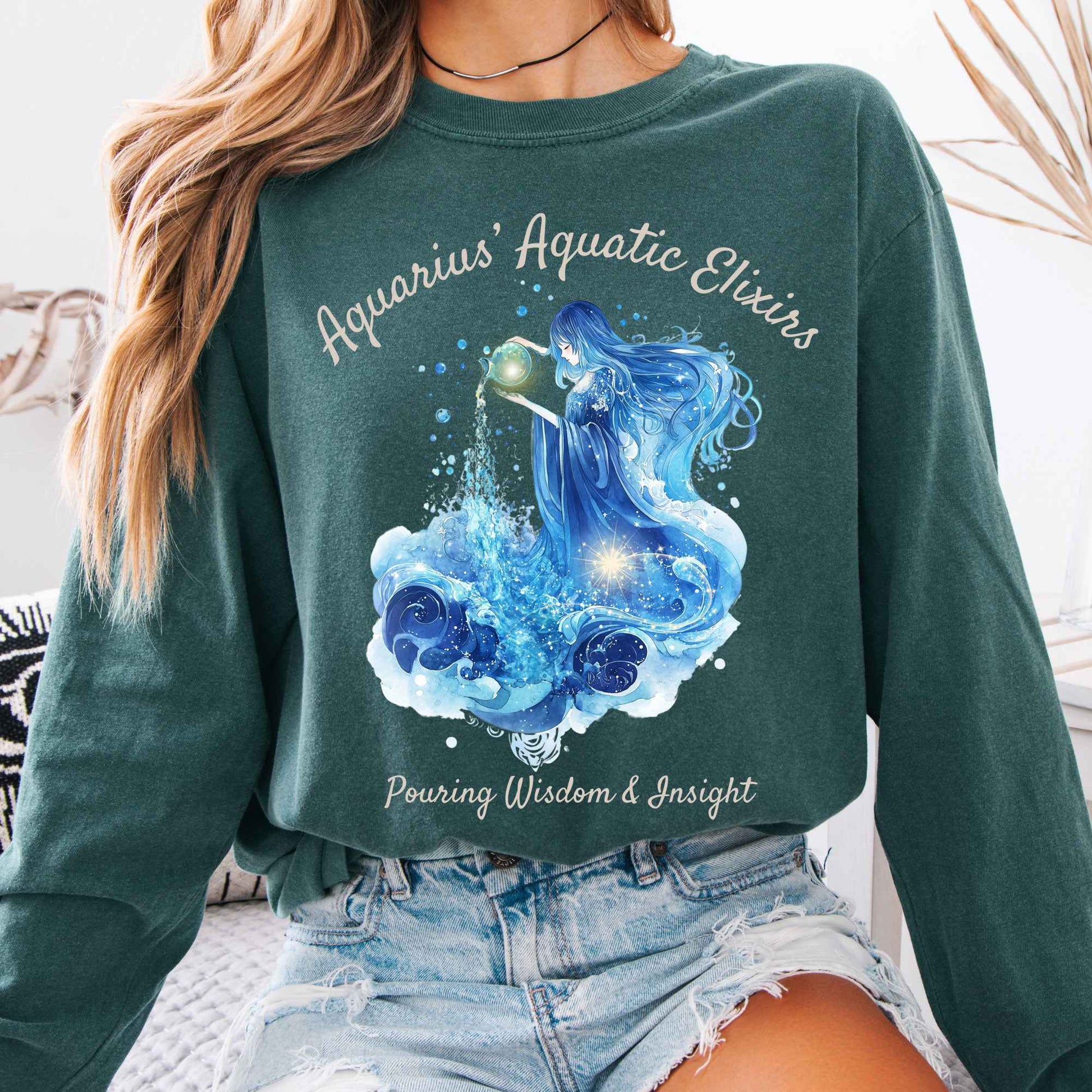Long-sleeve Blue Spruce / S Aquarius Aquatic Elixirs Zodiac Long Sleeve Tee The Mystic Eden