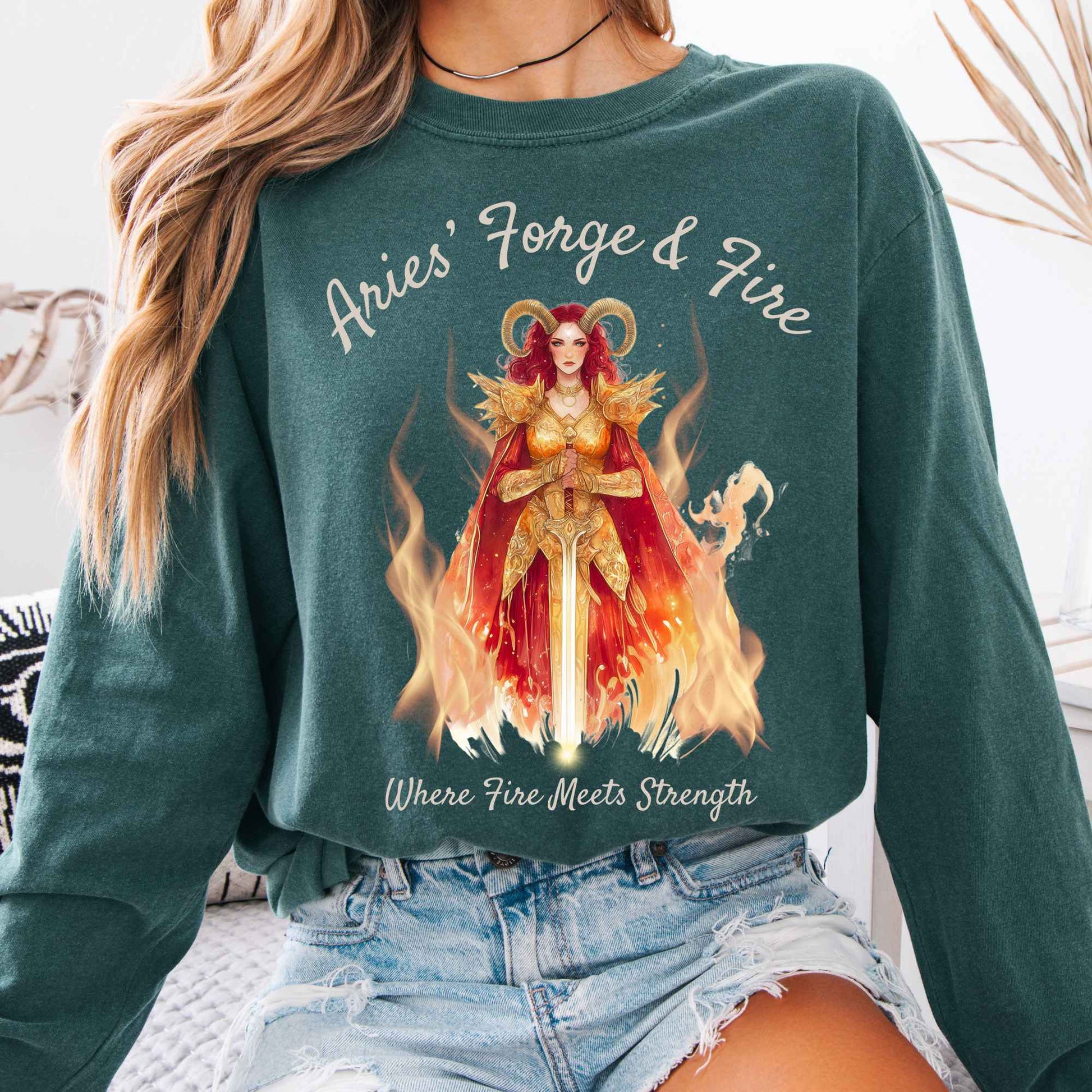 Long-sleeve Blue Spruce / S Aries' Forge & Fire Zodiac Long Sleeve Tee The Mystic Eden